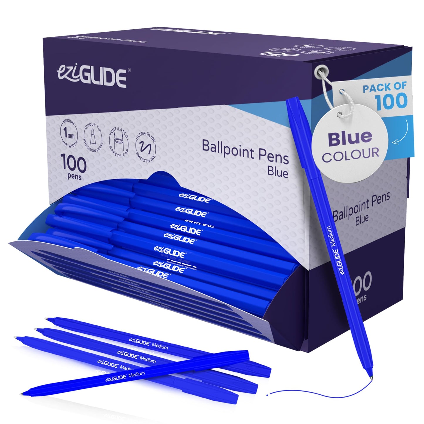 Eziglide 100-Pack Blue Ballpoint Pens Set, Easy Grip & Medium Point (1.0mm)