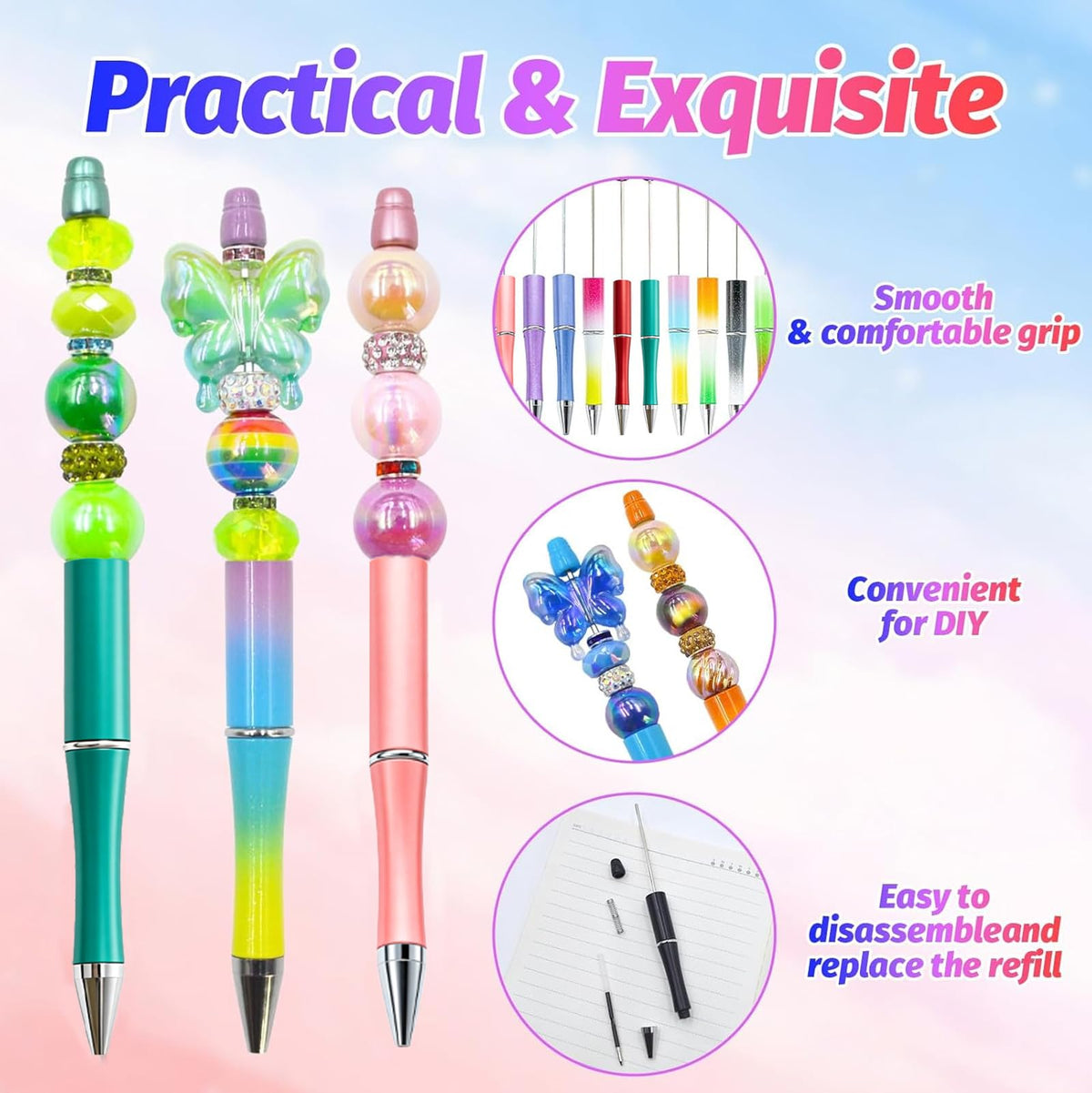 DASTTUIS 150 Pieces DIY Beadable Pen Kit – 50 Plastic Ballpoint Pens with Refills & Bags – School