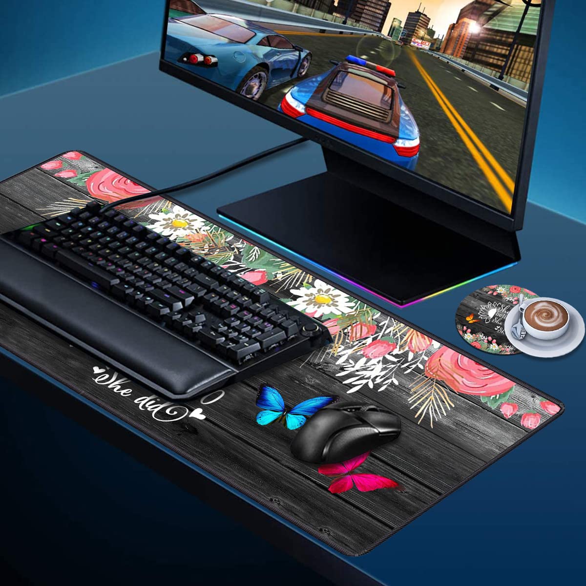 Desk Pad Mat With Coasters - XXL Large Gaming Mouse Pad With Non-Slip Base and Stitched Edge