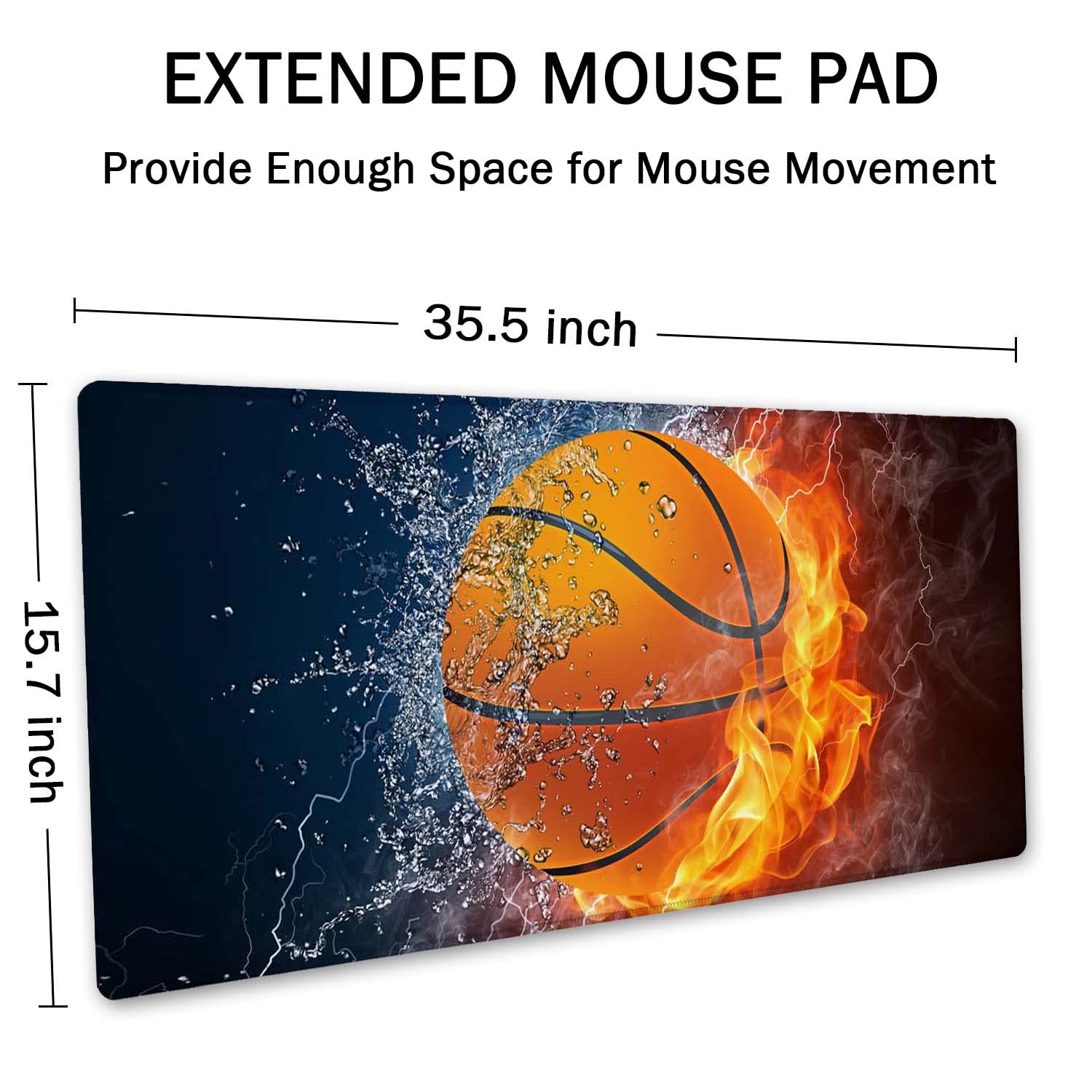 SSOIU Extended Gaming Mouse Pad (35.5x15.7 in), Basketball Ball in Fire and Water Large Non-Slip