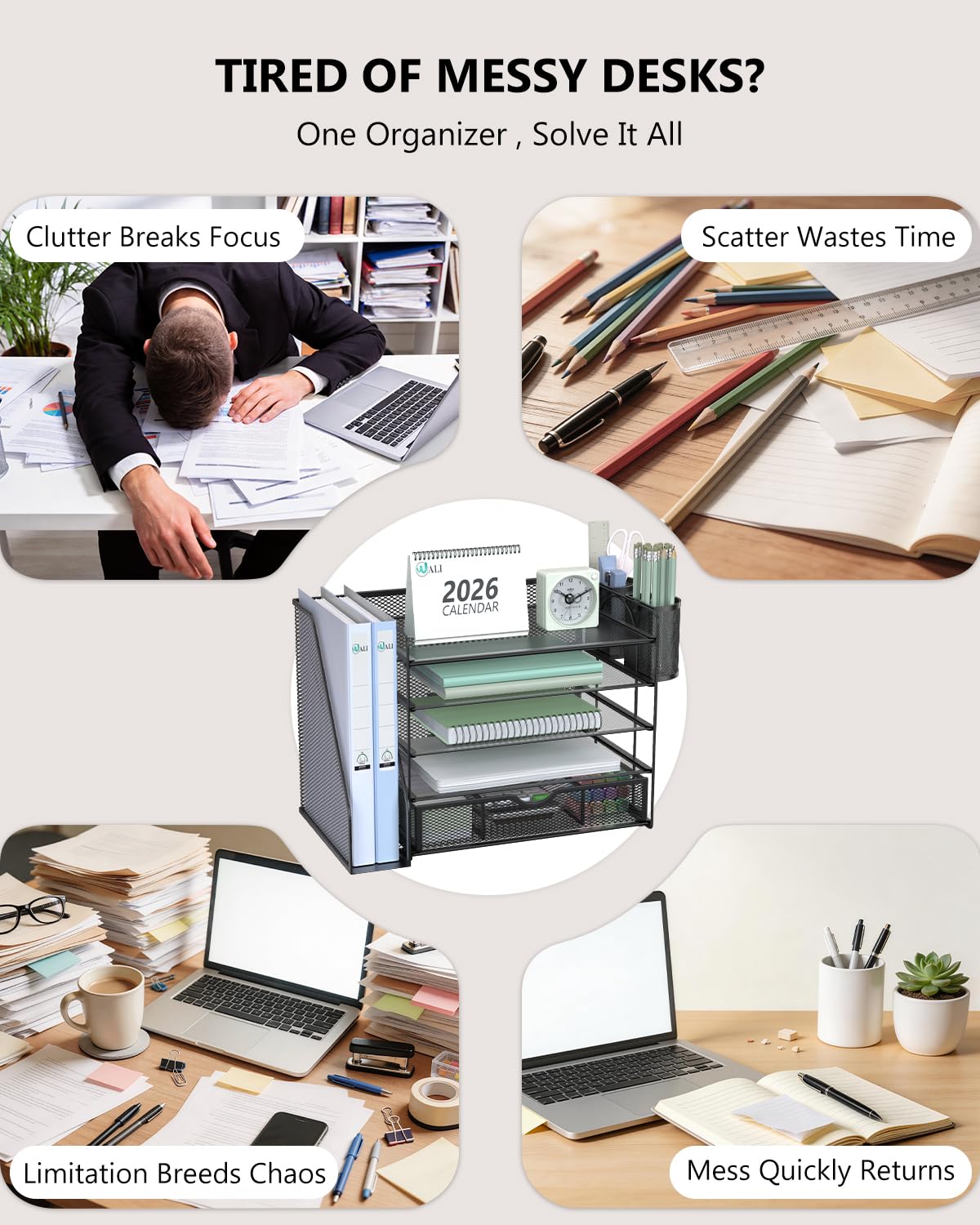 WALI Desk File Organizer, 5 Tier Desktop Paper Letter Tray Organizer with Drawer and 2 Pen Holders