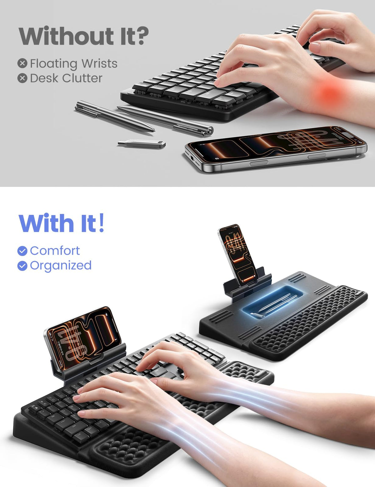 Vaydeer 4-in-1 Keyboard Wrist Rest, Keyboard Stand Adjustable Phone Holder