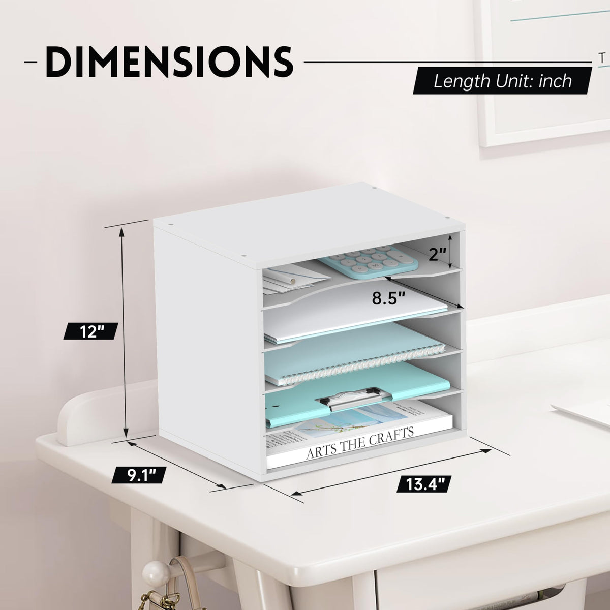 5 Tier Wood Desk Organizer, Mail Sorter and Paper Organizer for Desk, White