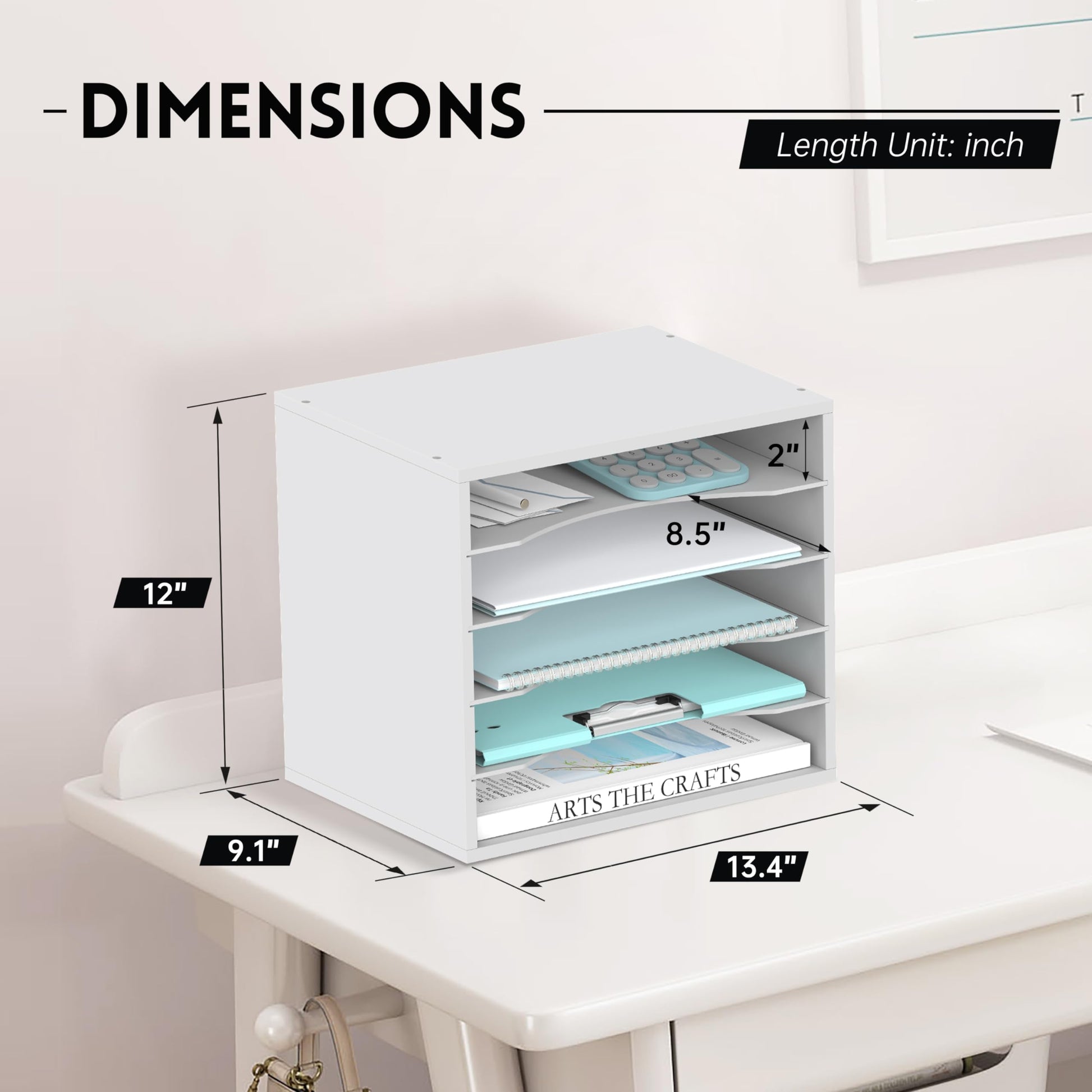 5 Tier Wood Desk Organizer, Mail Sorter and Paper Organizer for Desk, White