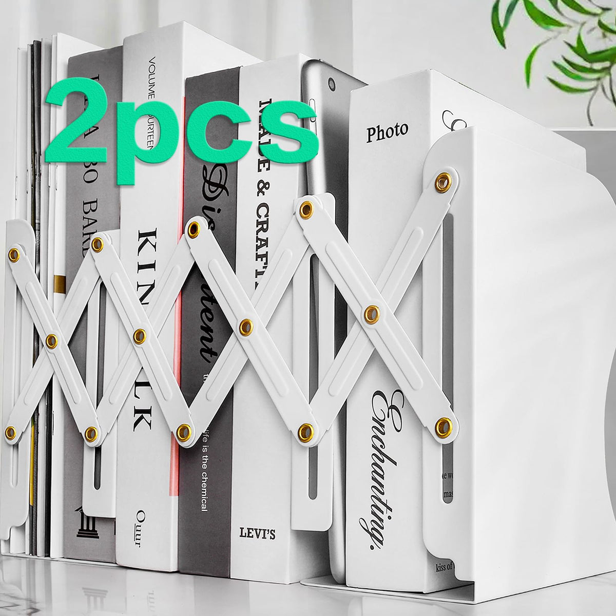 2PCS Heavy Duty Book End to Hold Books, Adjustable Bookends Book Holder for Shelves, White Book
