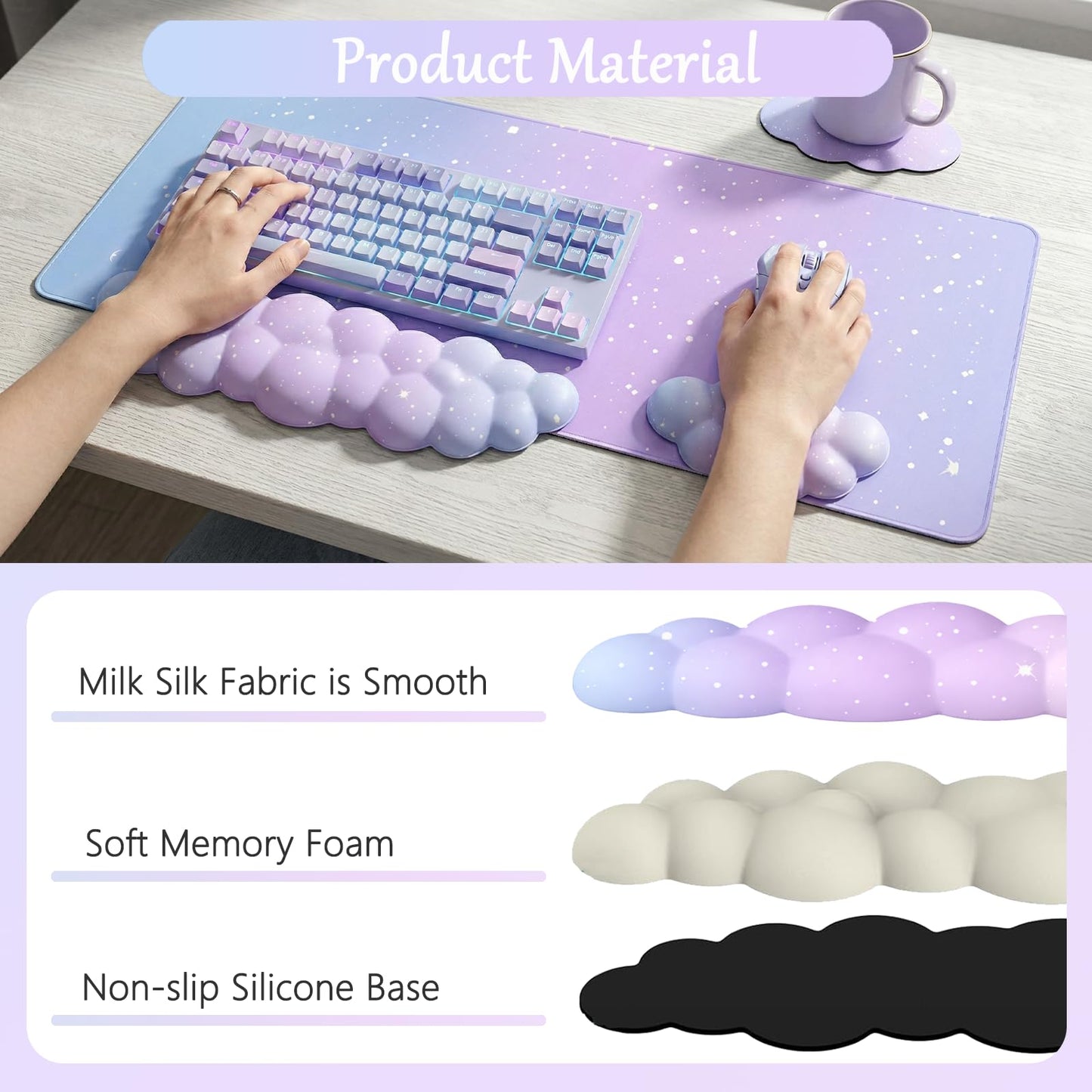 Cloud Mouse Pad Keyboard Wrist Rest 4PCS Extended Large Galaxy Stars Desk Mat Pad Set Memory Foam