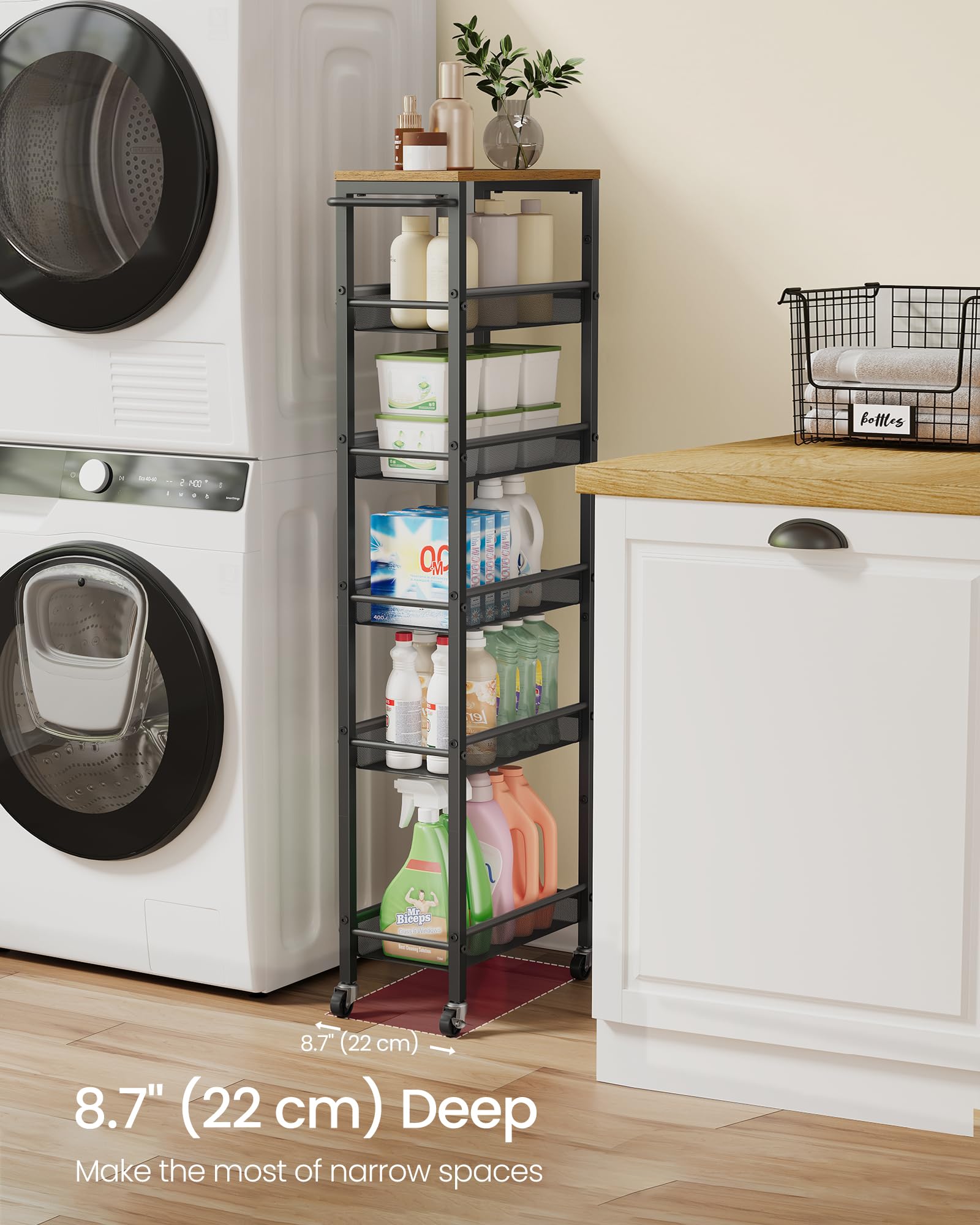 VASAGLE 6-Tier Slim Rolling Storage cart with Wheels, Metal