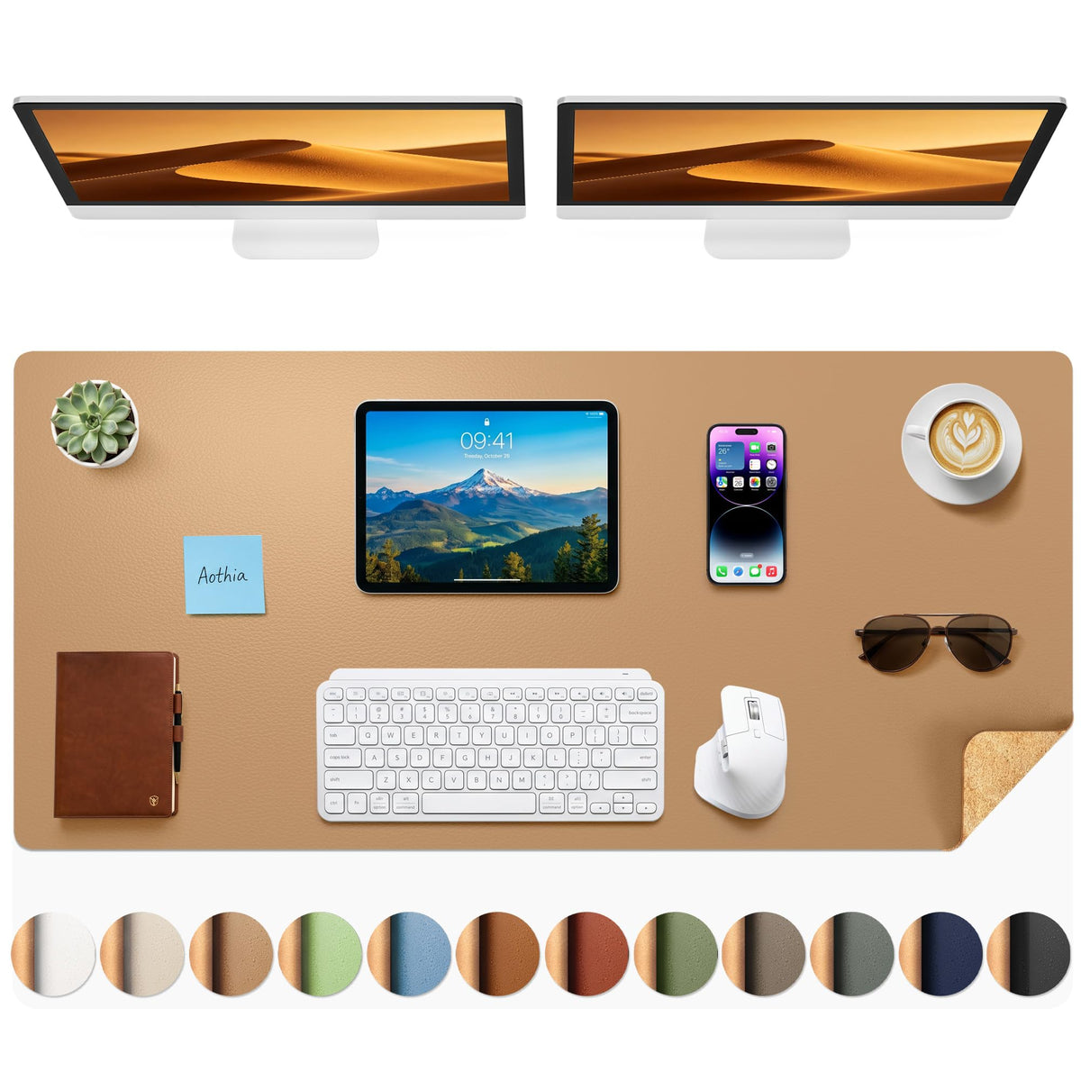Aothia Cork Desk Mat - Dual-Sided Extra Large Desk Pad & Keyboard Mat, Long PU Leather Desk