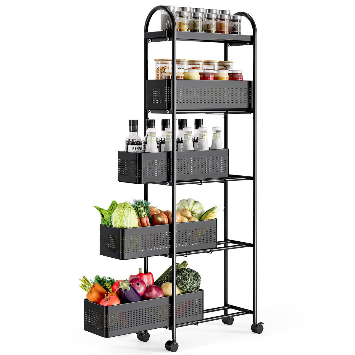 KINGRACK 5 Tier Slim Rolling Cart with Drawer, Metal Utility Storage Cart