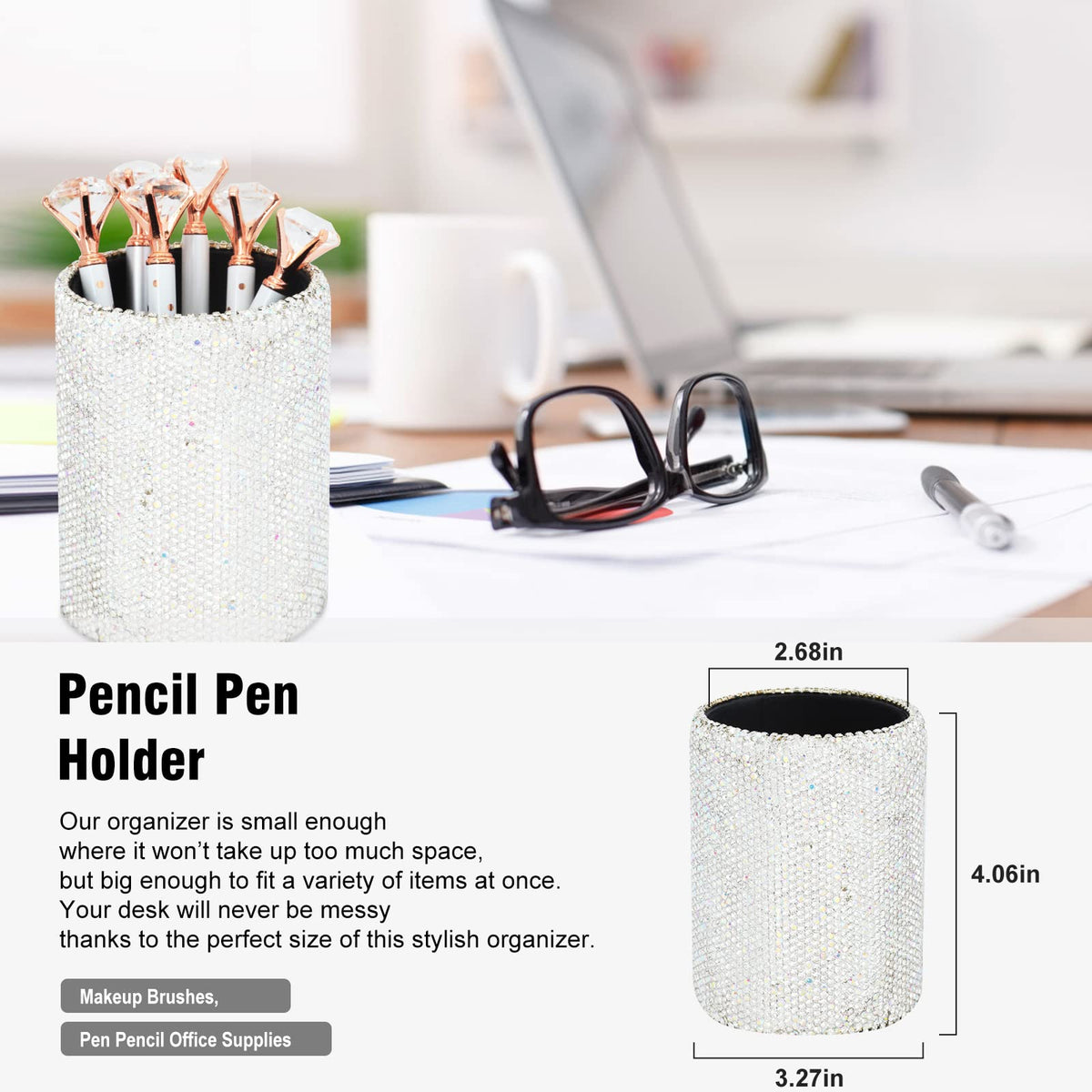 Bling Crystal Luxury Handmade Diamond Round Pencil Pen Pot Holder & Stapler & Card Holder & Desktop