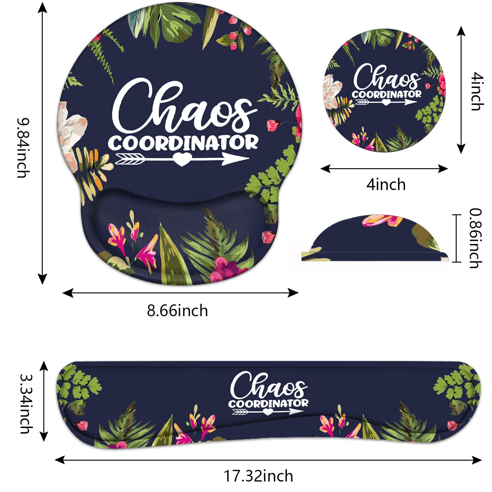 Keyboard Wrist Rest and Mouse Pad Wrist Support Set with Coasters, Chaos Coordinator Quotes Colored