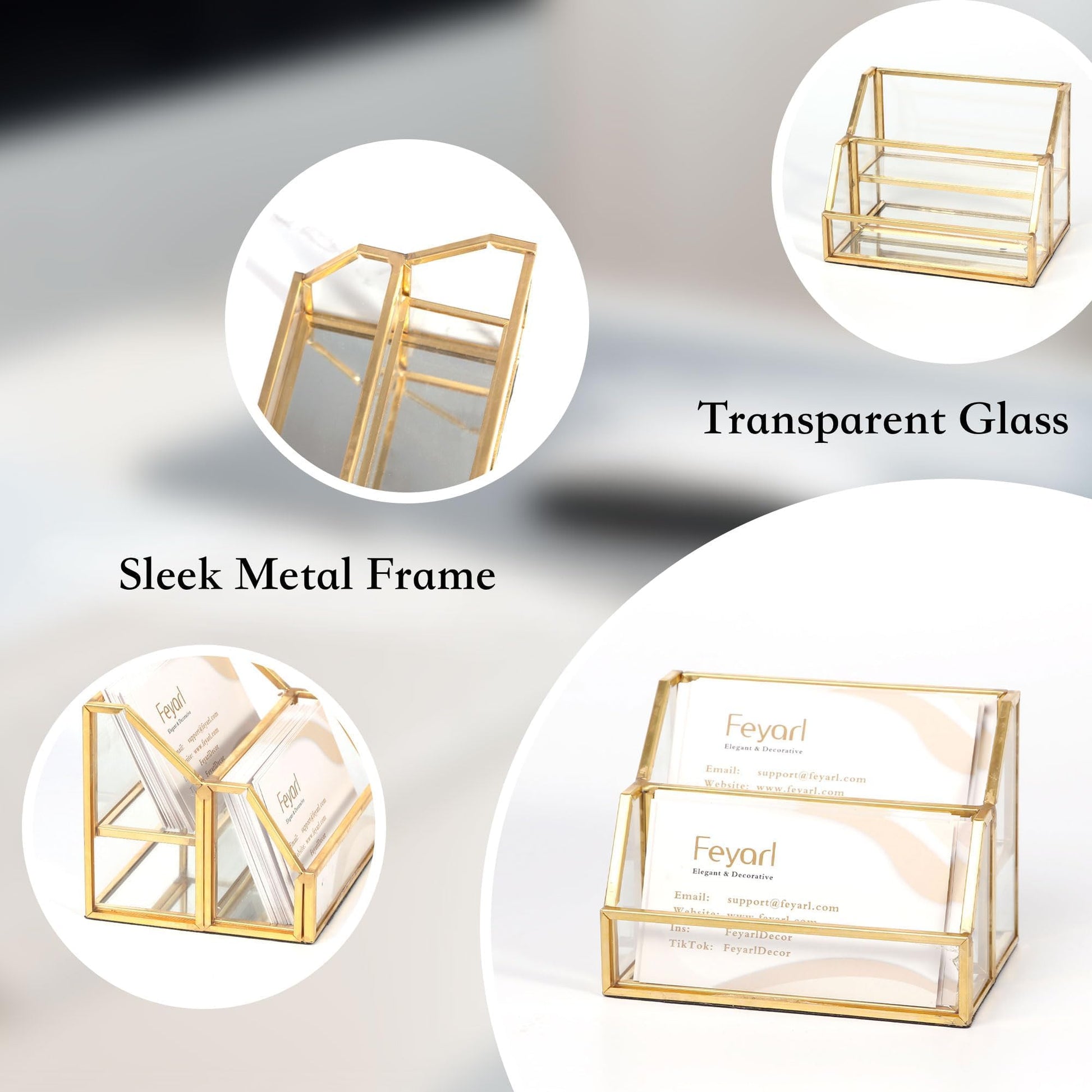 Feyarl Gold Glass Business Card Holder 2 Slots Name Cards Display Stand Business Cards Organizer