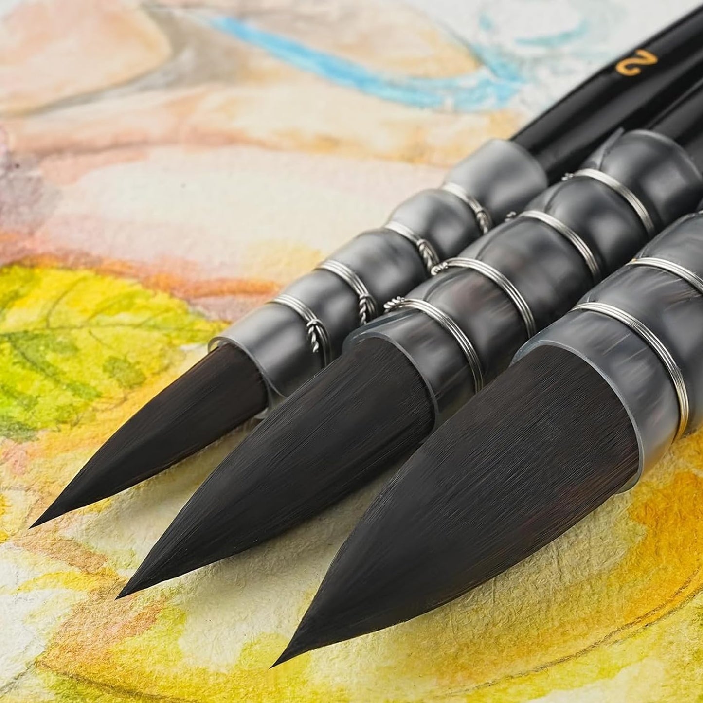 Watercolor Brush Set - Sizes 2,4,6 - Round Quill Fine Tip Mop Brushes, Soft Synthetic Squirrel