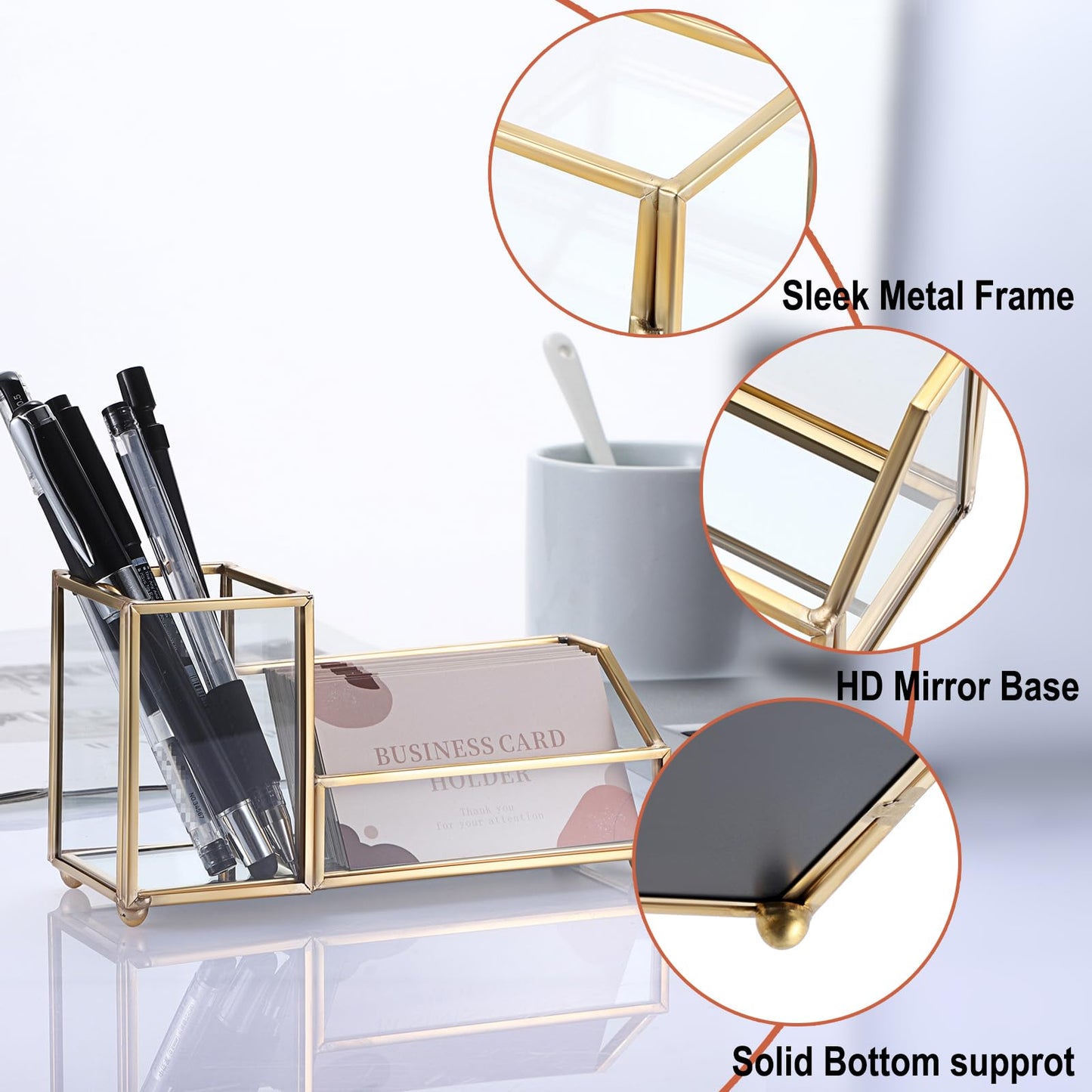 Hipiwe 2 Slots Glass Business Card Holder with Pen Pencil Cup, Gold