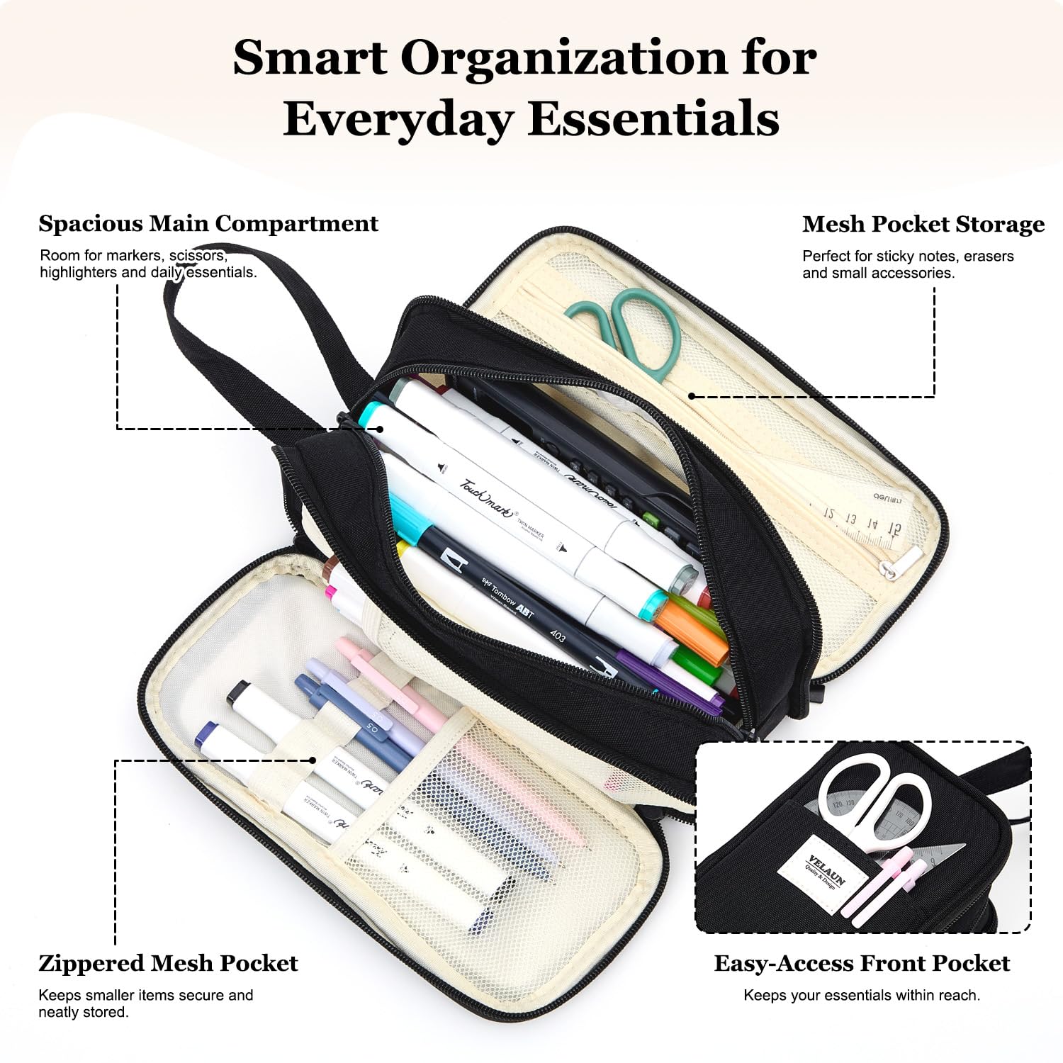 VELAUN Pencil Case Pouch, Large Capacity Pencil Box Bag, Aesthetic Pen Organizer for School
