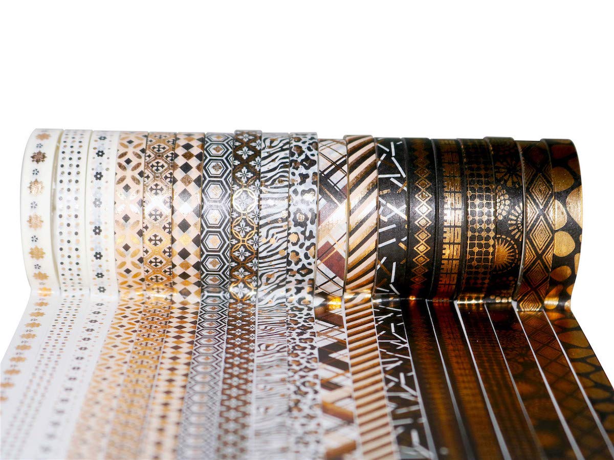 YUBBAEX 20 Rolls Washi Tape Set Black Gold Foil Print Decorative Tapes for Arts, DIY Crafts, Bullet