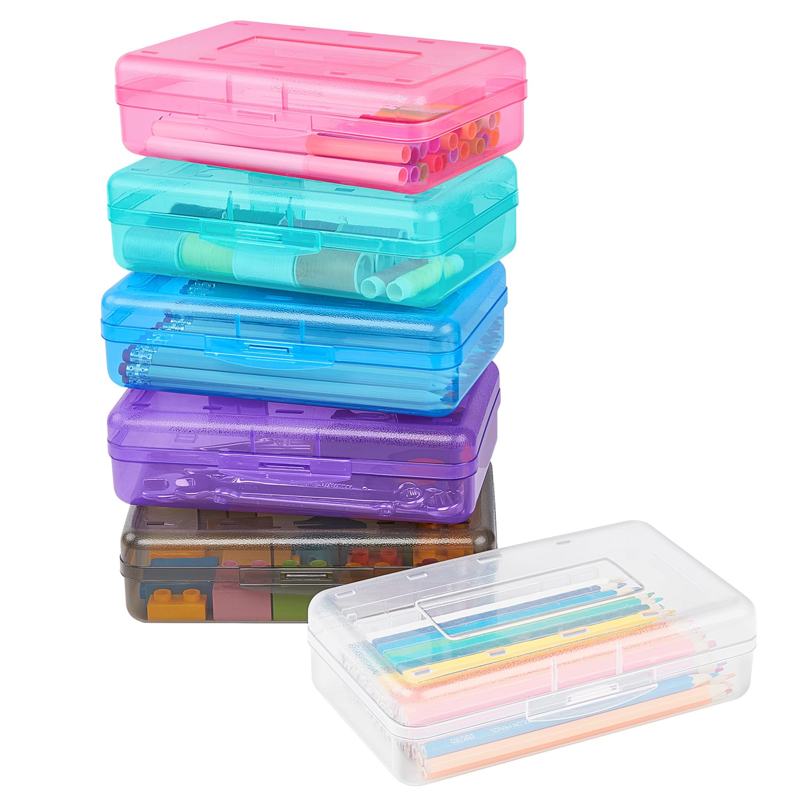 Sooez Plastic Pencil Case Box 6 Pack, Large Craft Storage Boxes Bulk