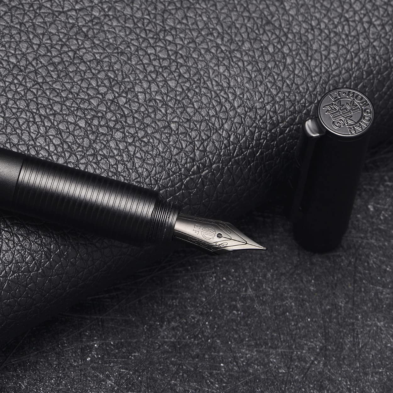 Hongdian H3 Fountain Pen Titanium Black Fine Nib with Bamboo Pen Clip, Black Aluminum Alloy Writing