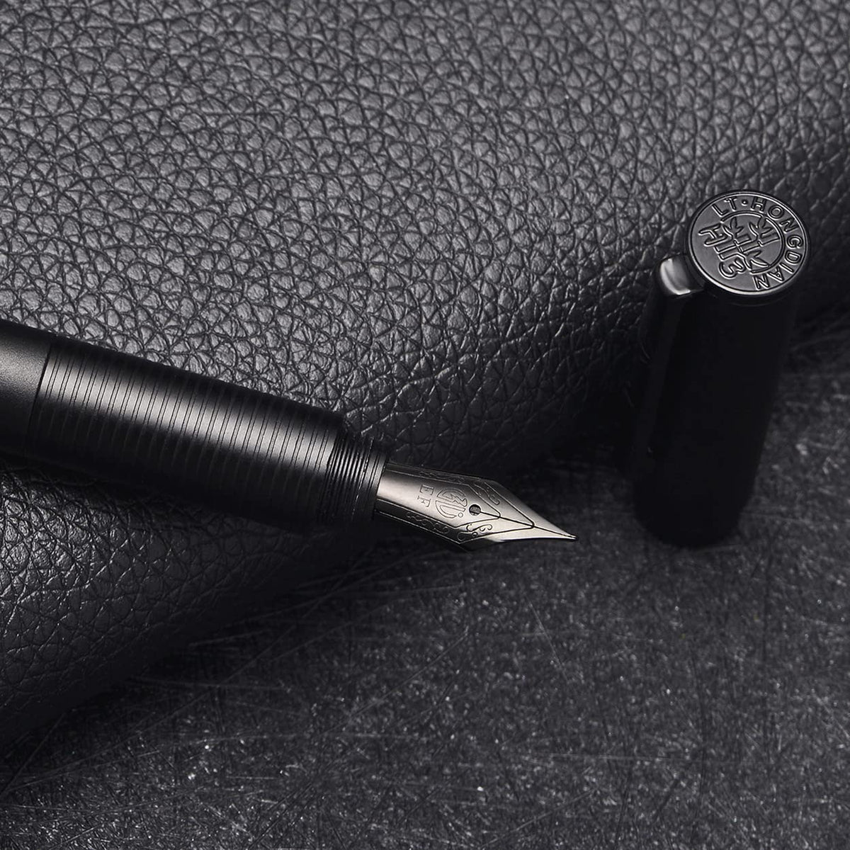 Hongdian H3 Fountain Pen Titanium Black EF Nib with Bamboo Pen Clip, Black Aluminum Alloy Writing