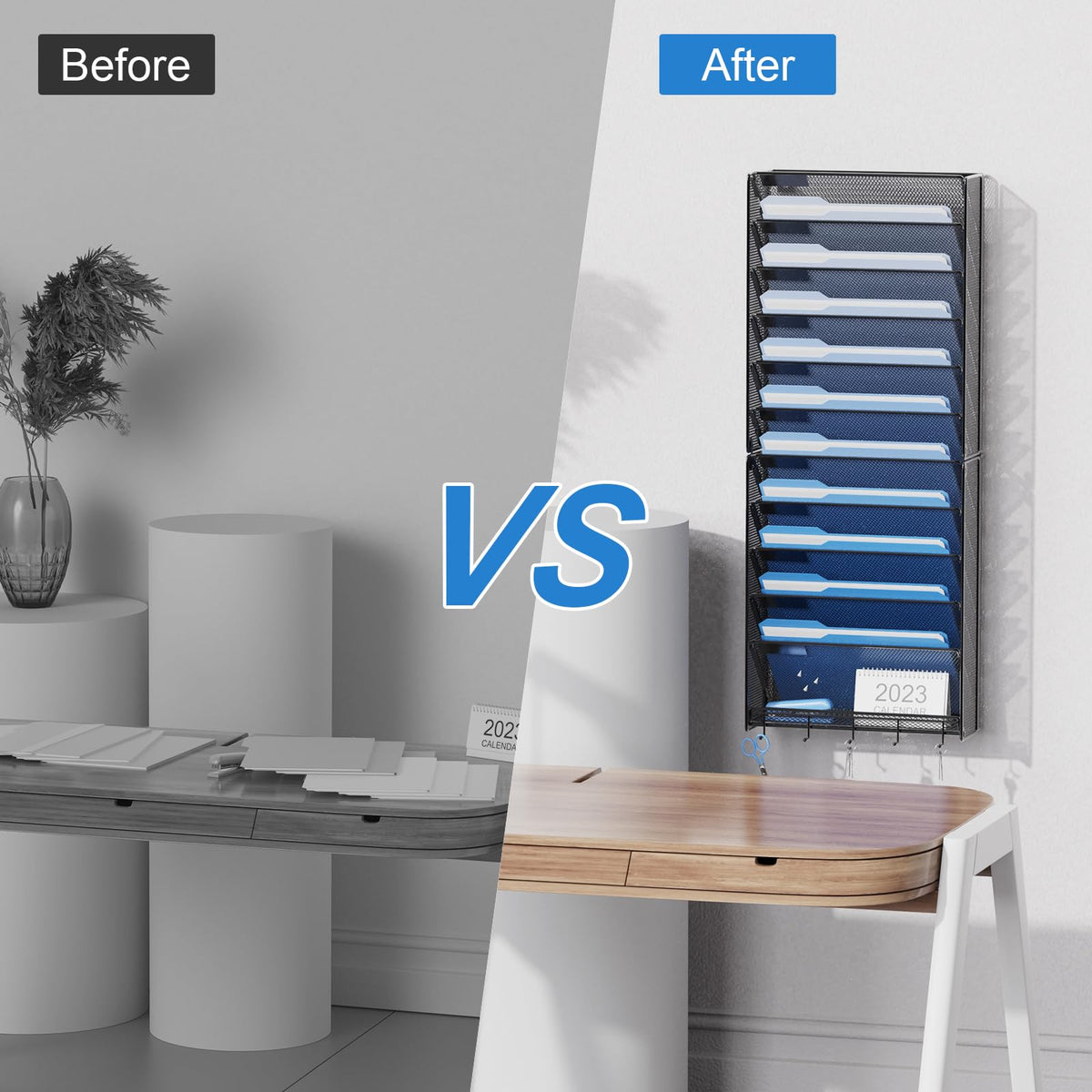 OUTWOLF Hanging Wall File Organizer with Hooks, 12 Tier Vertical Wall Mount File Holder, File