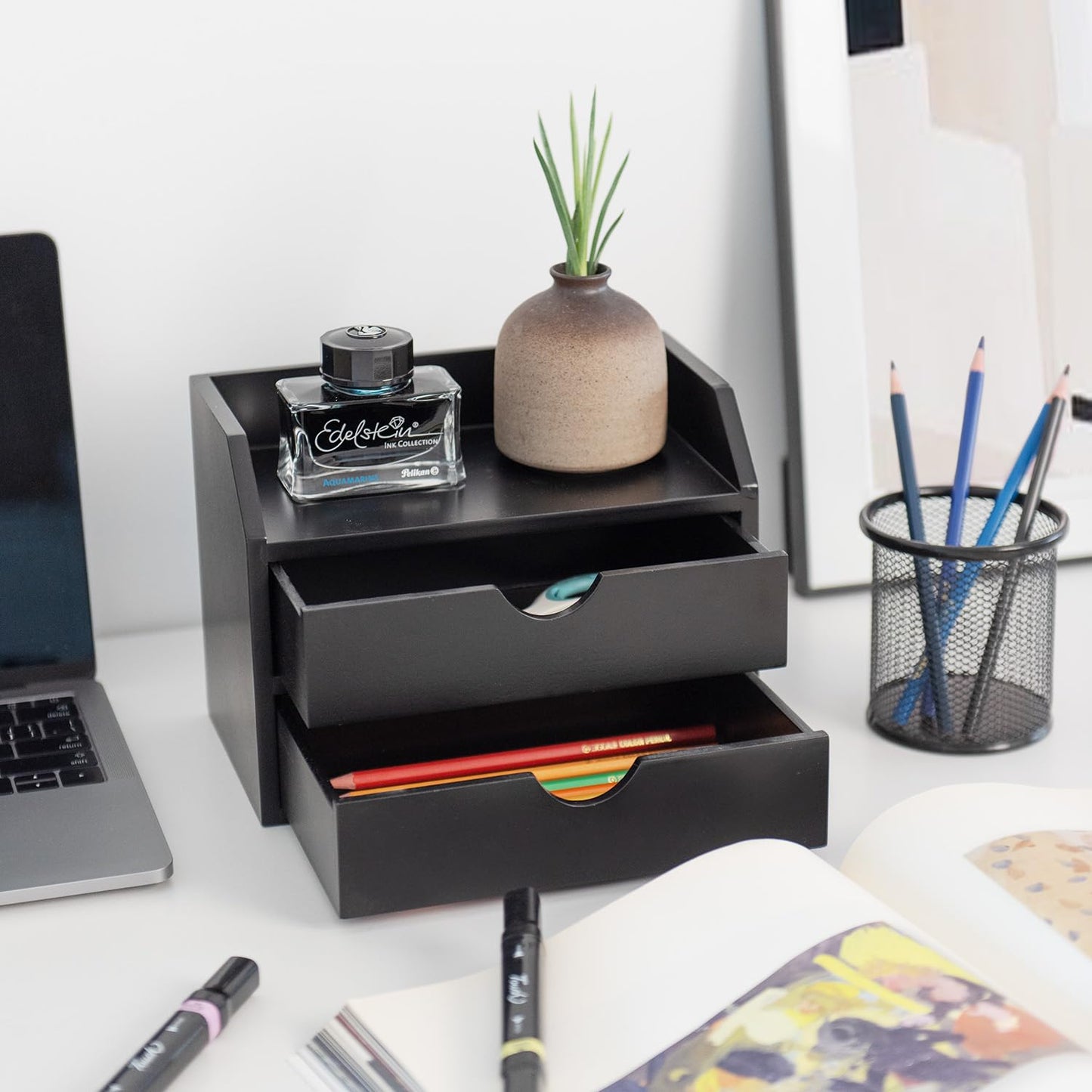 ROSE BLOOM Black Wood Desk Organizer with 2 Drawer, Mini Cute Cabinet with Storage Shelf for