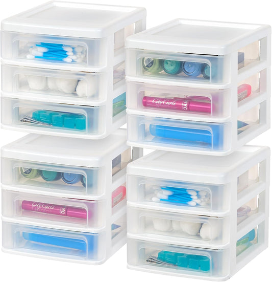 IRIS USA 4-Pack 3-Drawer Small Desktop Organizer, Stackable, White