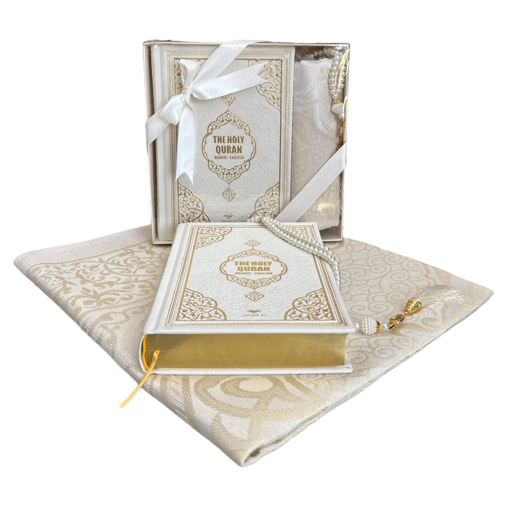 English Translate Thermo Leather Covered Quran, Tafta Prayer Mat and Beads Set | Hajj Present for