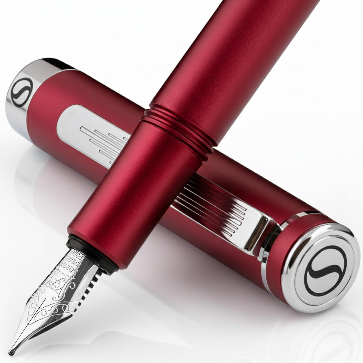 Scriveiner Luxury EDC Fountain Pen (Fine), Stunning Matt Red Pocket EDC with Chrome Finish, Schmidt