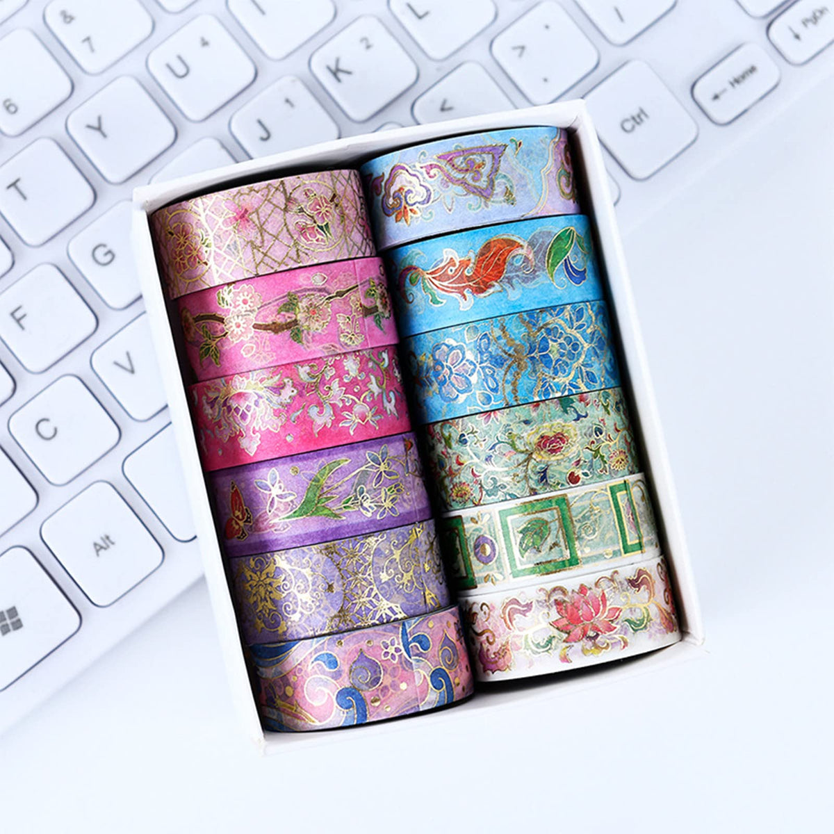 Esweny 12 Rolls Floral Washi Tape Set, Gold Foil Flower Decorative Washi Masking Tape, Botanical