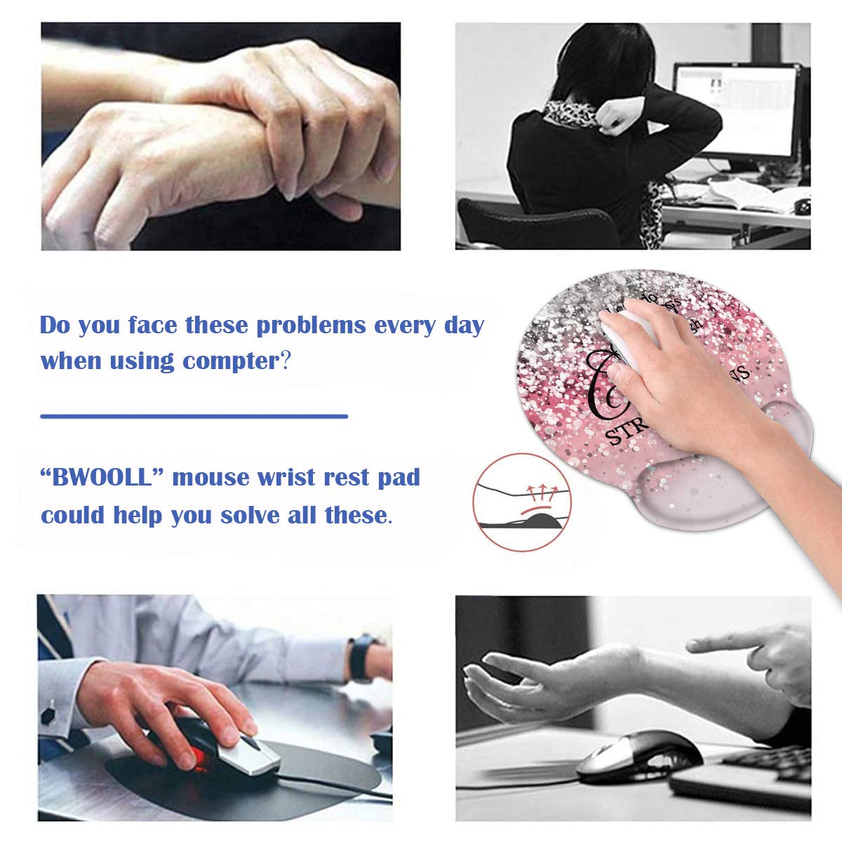 Ergonomic Mouse Pad Wrist Support and Coasters Set, Cute Wrist Rest Pad with Non-Slip PU Base for