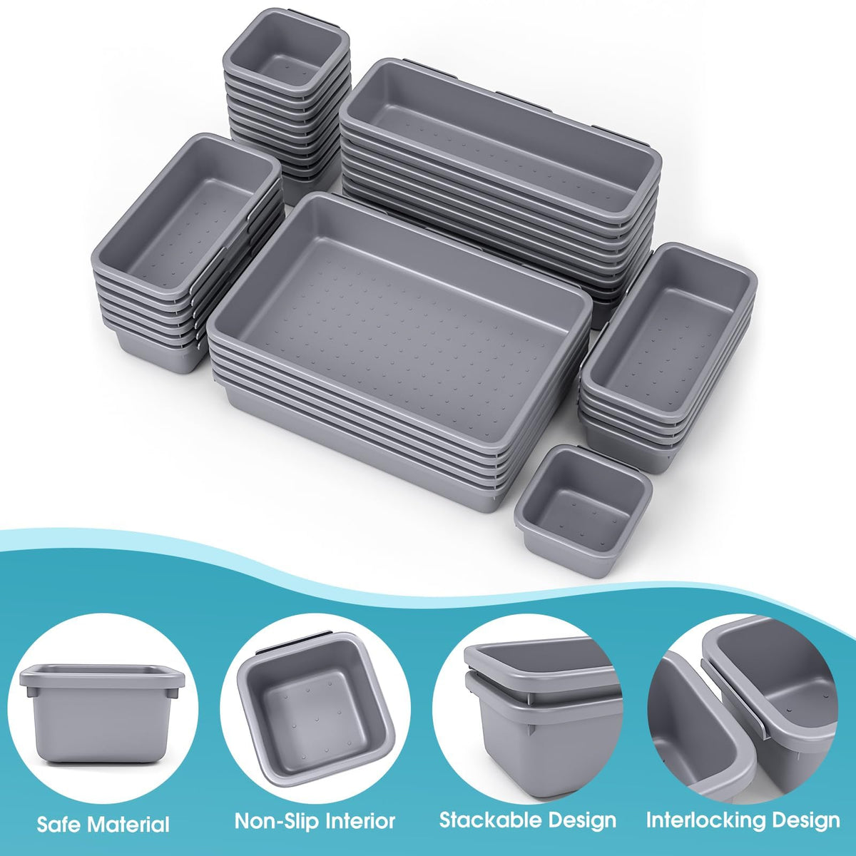 33 PCS Drawer Organizer Set, 4 Size Makeup Drawer Divider Organizer With Non-Slip Pads