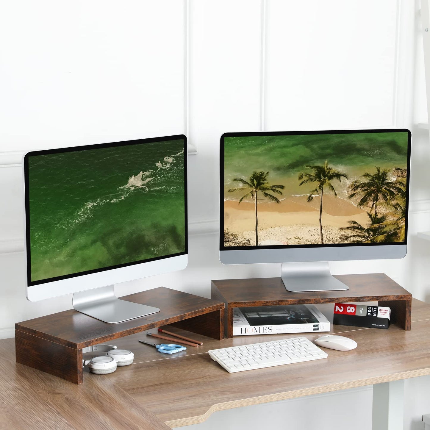 TEAMIX 2-Pack Monitor Stand Riser 20 inch, Wooden Tabletop Shelf, Brown
