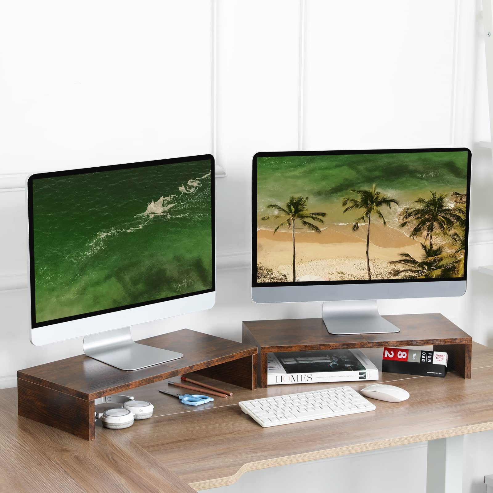 TEAMIX 2-Pack Monitor Stand Riser 20 inch, Wooden Tabletop Shelf, Brown