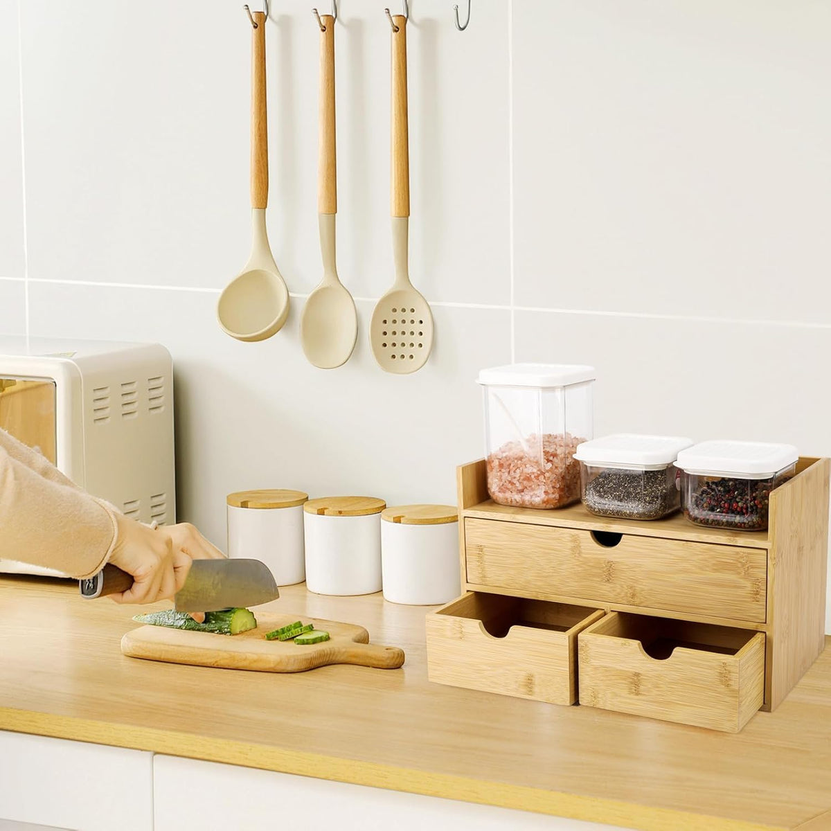 Charmewooden Bamboo Desk Organizer 3 Drawer with shelf, Countertop Organizer with Drawers Makeup