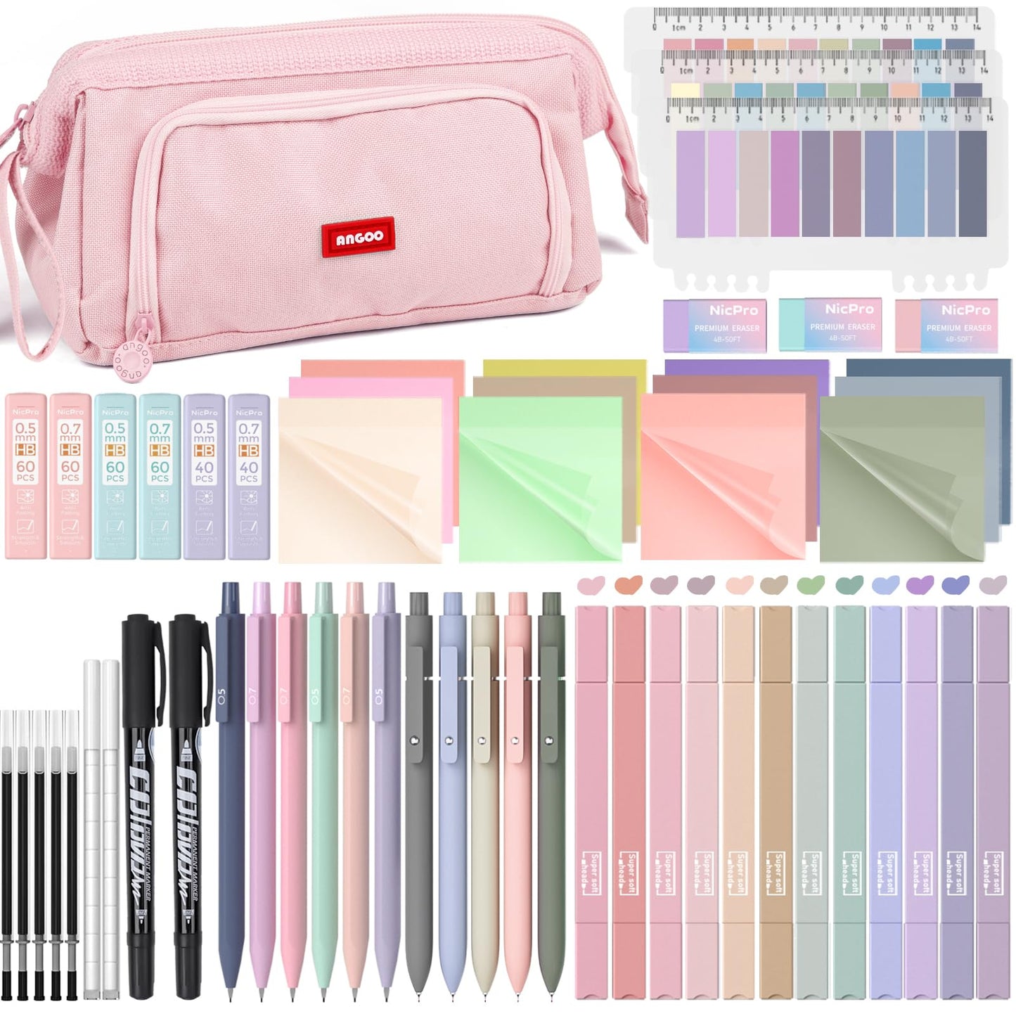Nicpro 57 PCS Book Annotation Kit with Pen Case, Bible Study Supplies, Pink
