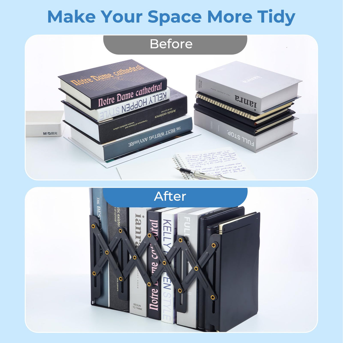 M&G Adjustable Bookends Book Ends for Shelves, Metal Bookend for Heavy Books, Desk Magazine File