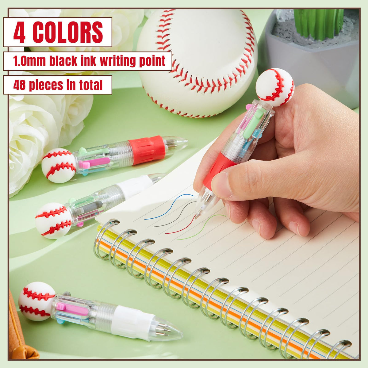 Kosiz 48 Pack Baseball Party Favors Multicolor 4 in 1 0.5mm Ballpoint Pen