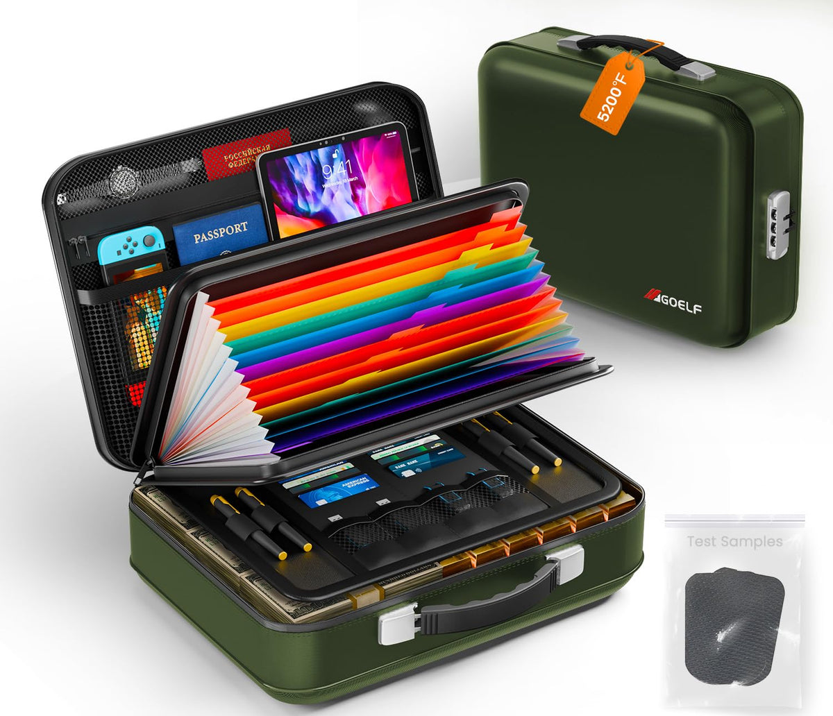 Fireproof Document Box with Lock, 5200°F Fireproof Water Resistant Hard Case File Organizer Safe