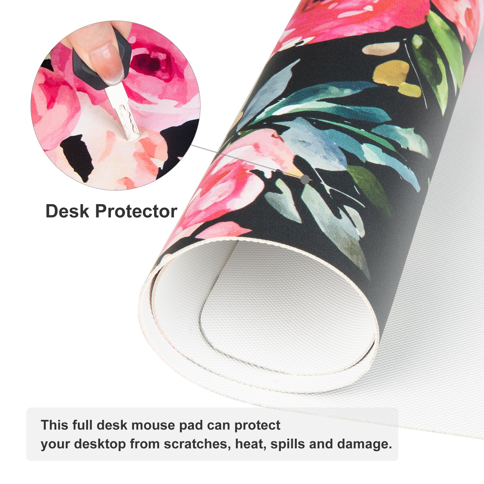 QiyI PU Leather Large Mouse Pad, Office Décor, 31.5" x 15.7", Pink Flowers