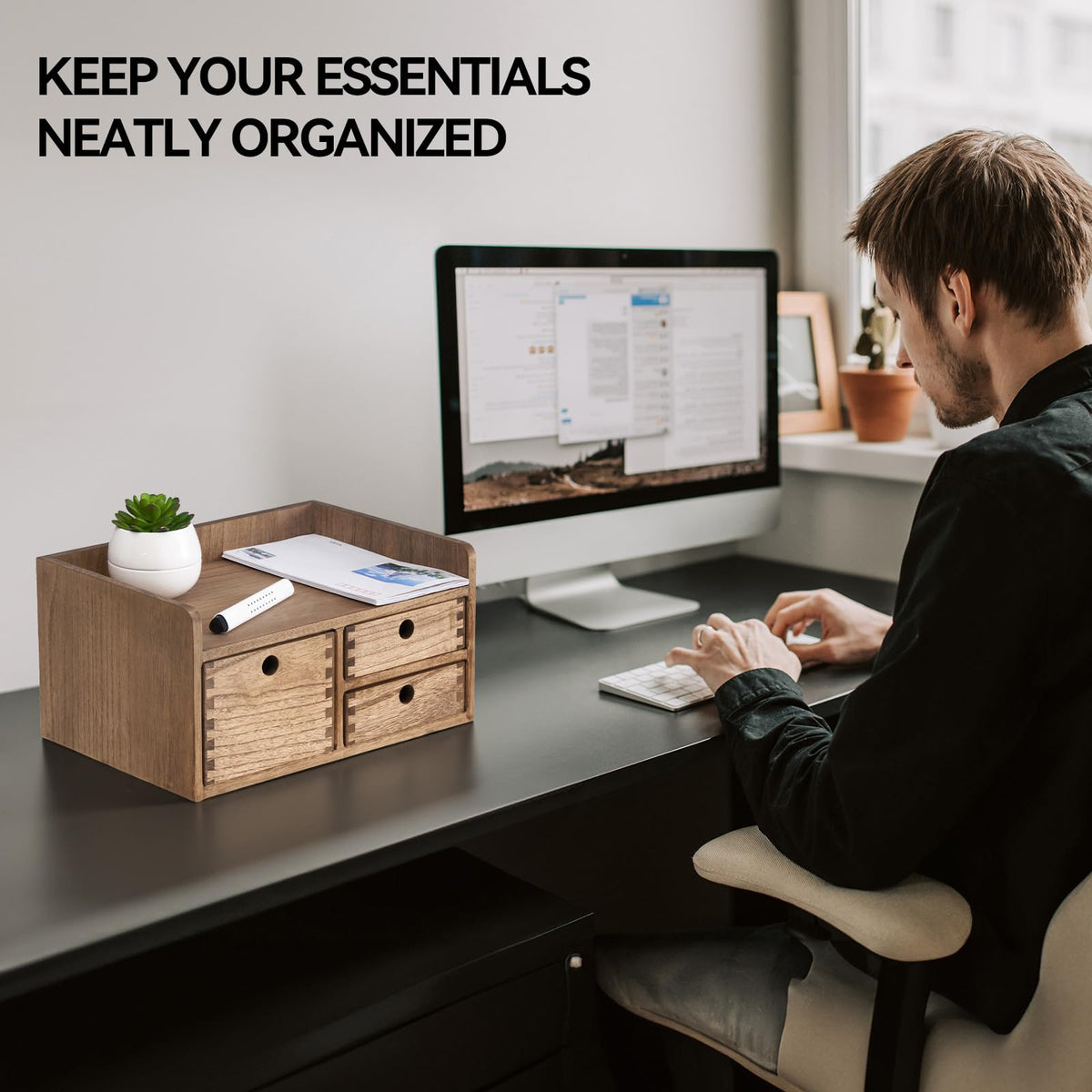 KIRIGEN Wooden Desk Organizer with 3 Drawers and Top Tray, Brown DT1D3C-DBR