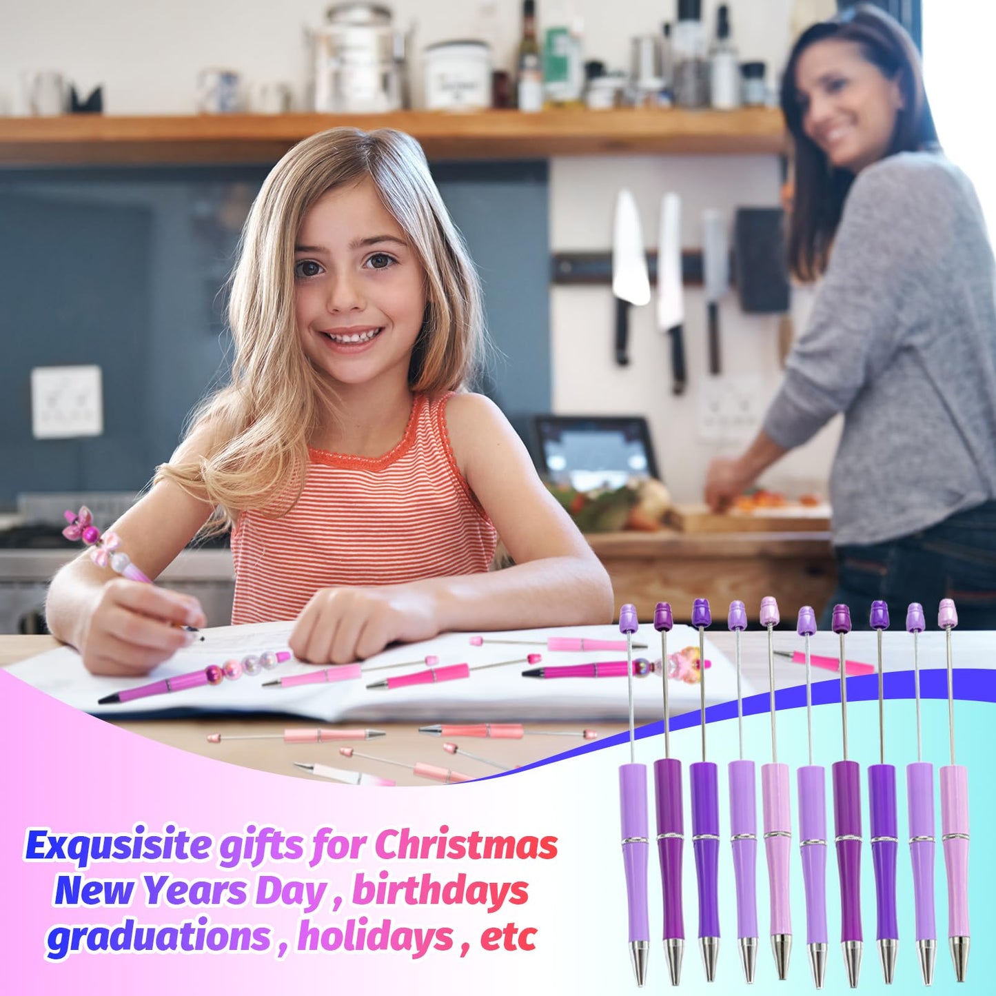 DASTTUIS 300 Pieces DIY Beadable Pens Kit - 100 plastic Beadable Pens Bulk, Refills & pen bags