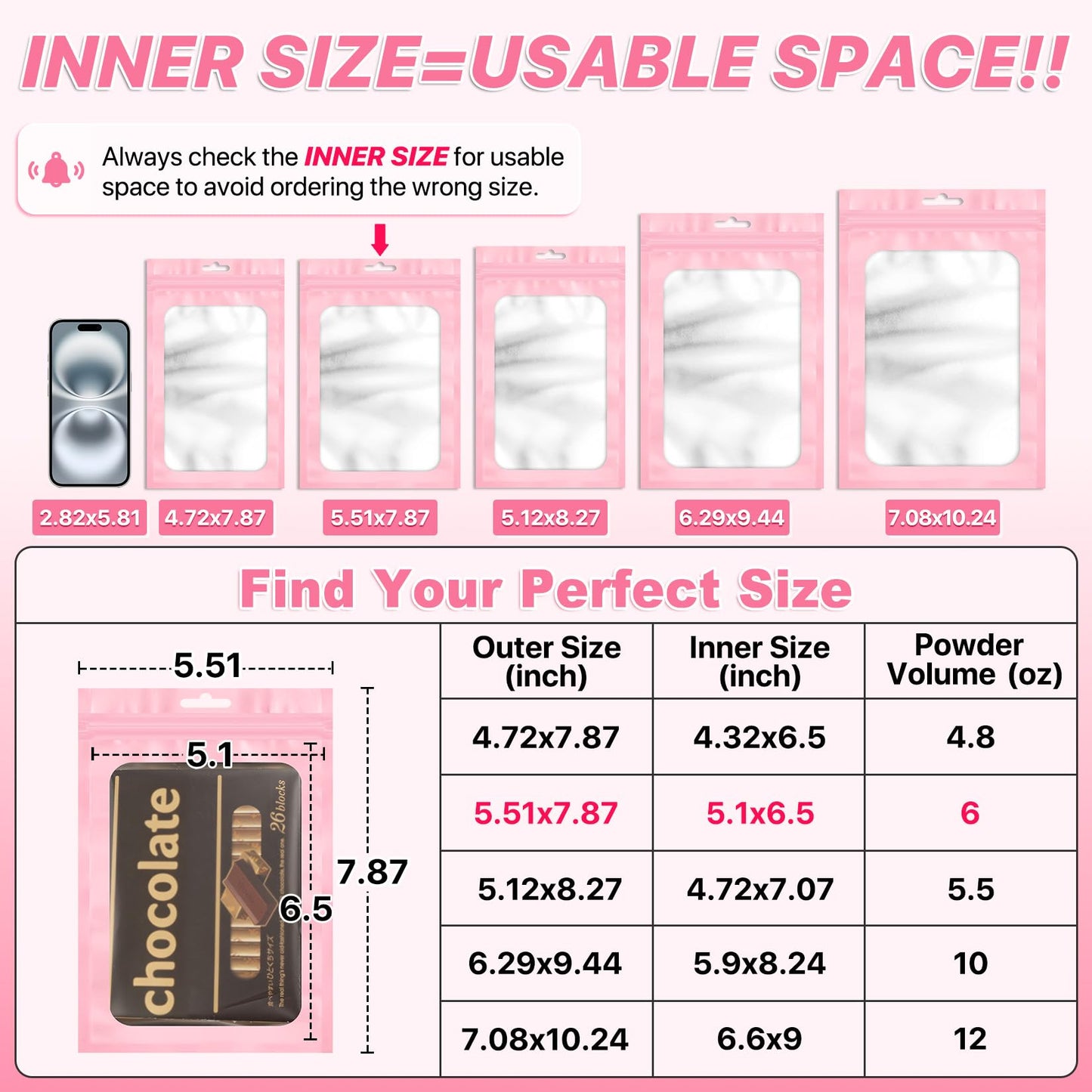 ANZNKU 100Pcs Pink Mylar Bags, Resealable Smell Proof Zip Goodie Baggies