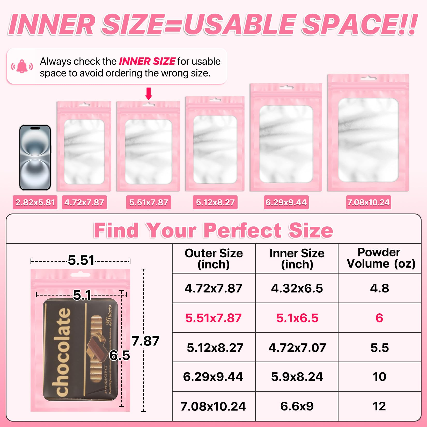 ANZNKU 100Pcs Pink Mylar Bags, Resealable Smell Proof Zip Goodie Baggies