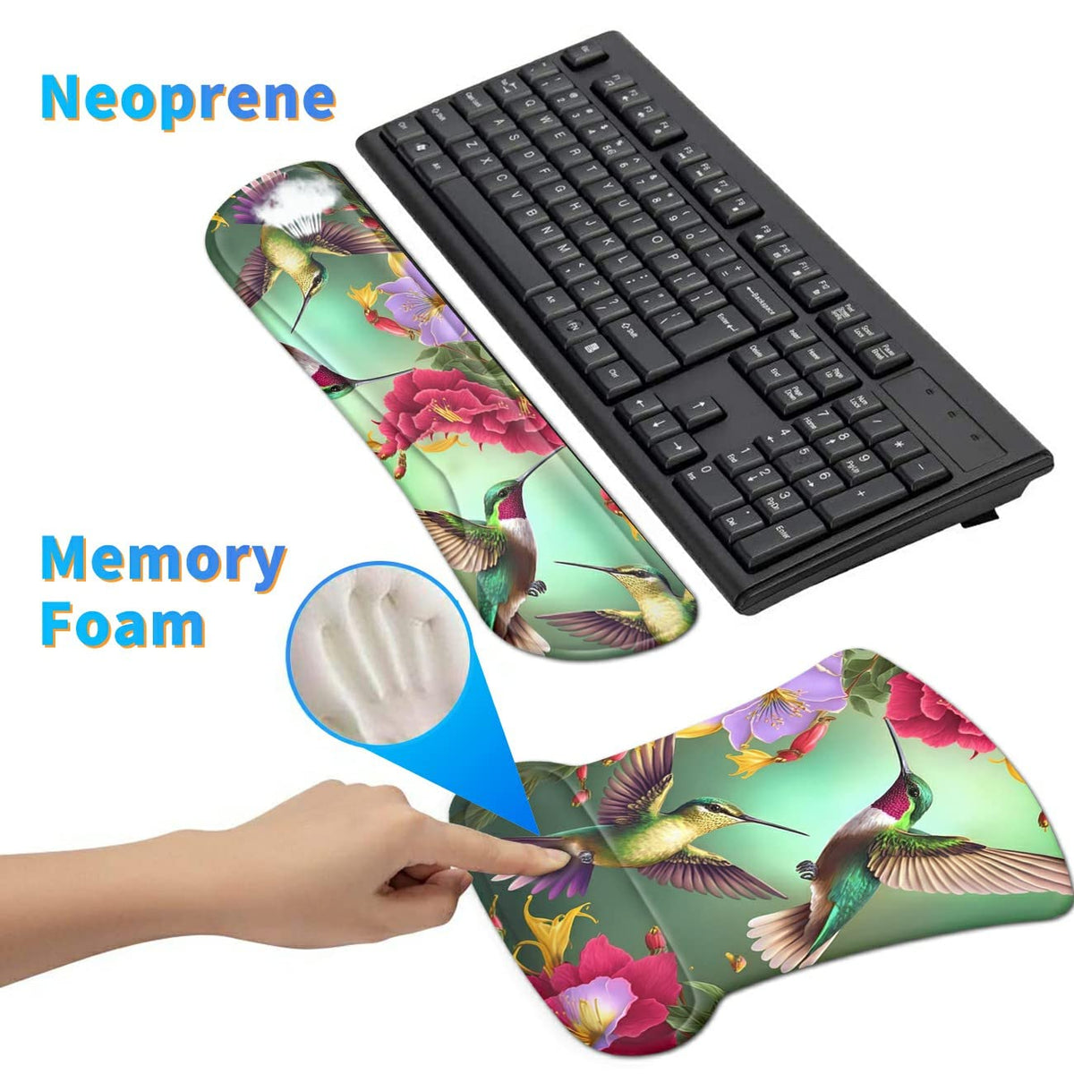 3Pcs Ergonomic Memory Foam Keyboard Wrist Rest Pad Set, Floral Hummingbird