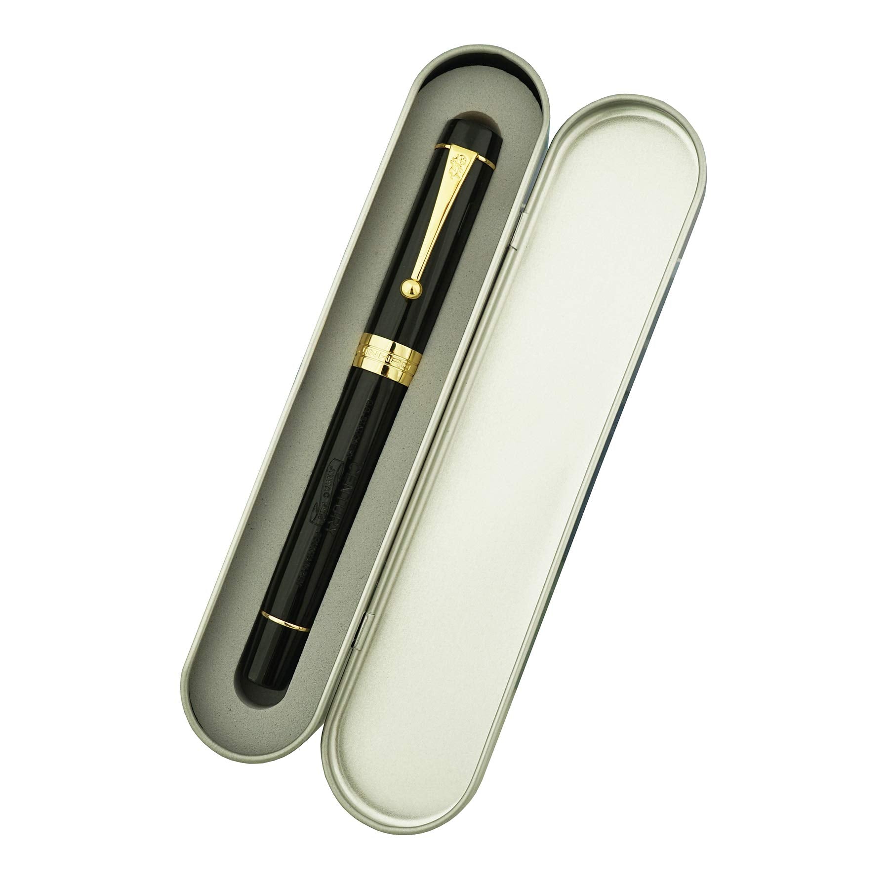 Classic Fountain Pen Vivid Black Celluloid with Jinhao Stamp, Medium Nib with Conveter and Pen Case