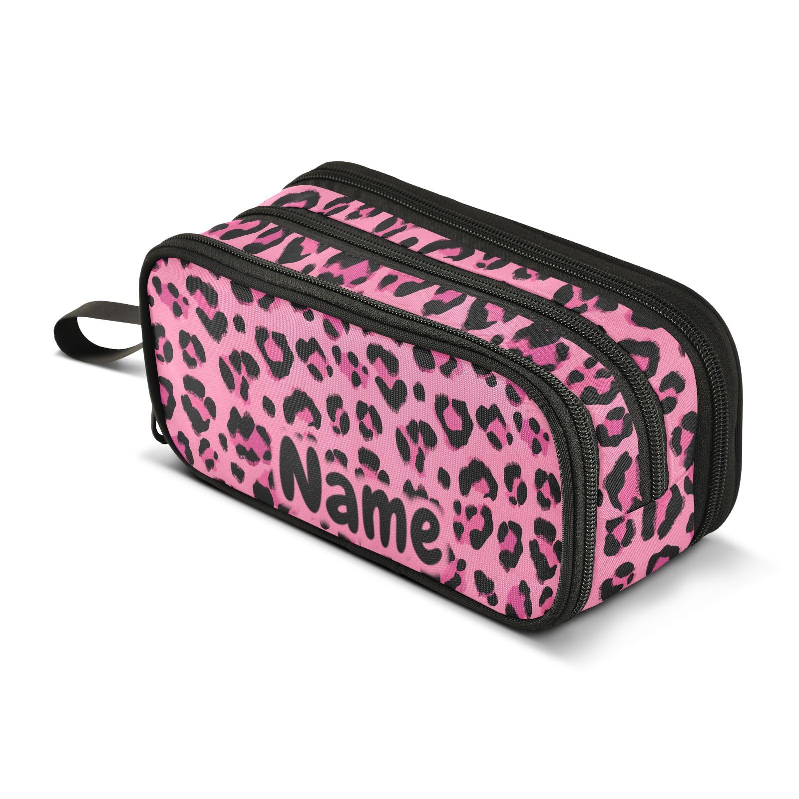 BOENLE Custom Hot Pink Black Leopard Print Pencil Case Box Boys Girls Personalized Name Large