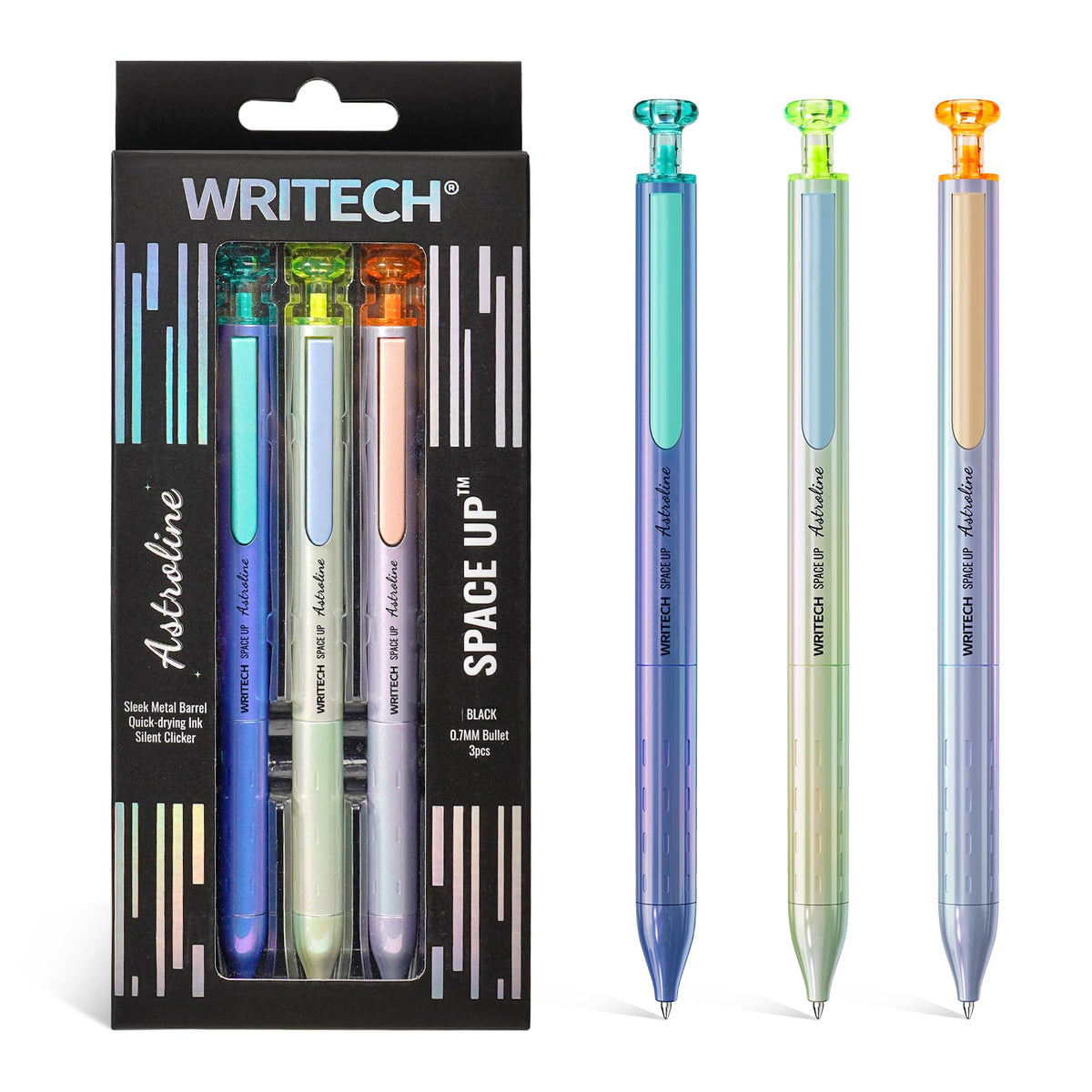 WRITECH Gel Pens Black Ink: Sleek Metal Barrel Pen Fine Point 0.7mm Retractable 3ct No Smear Quick