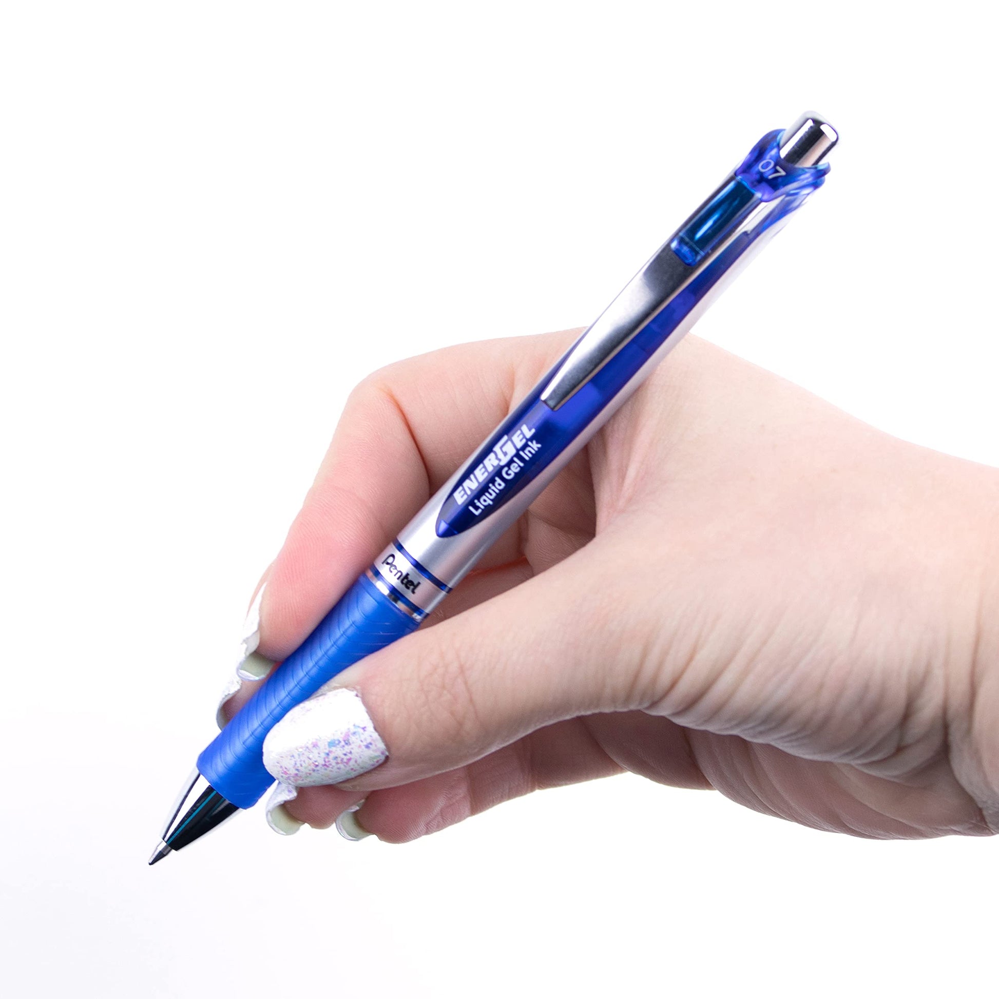 Pentel® EnerGel™ Retractable Liquid Gel Pens, Medium Point, 0.7 mm, Silver Barrel, Blue Ink, Pack