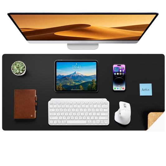 Aothia Dual-Sided Desk Pad - 37.8x17 inches Leather Desk Mat, Natural Cork Desk Pad Protector