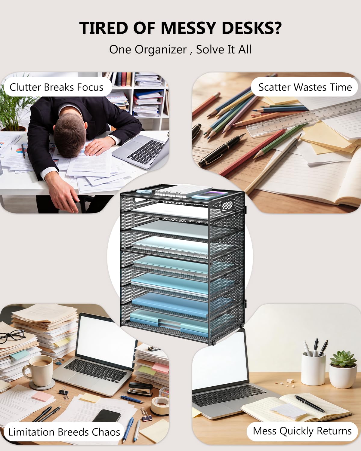 WALI Desk File Organizer, 8 Tier Desktop Paper Letter Tray Organizer with Handle, Office Desk